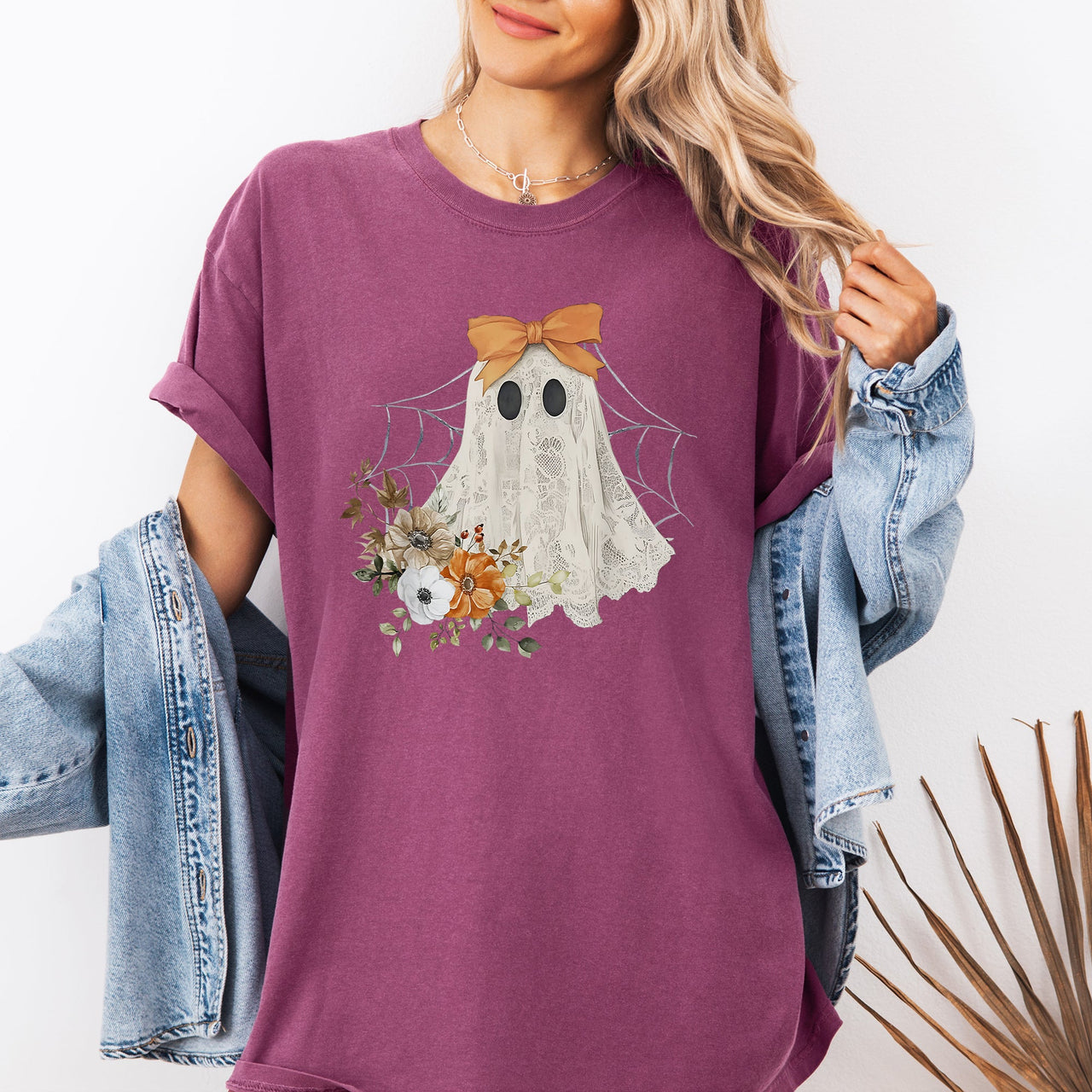 Lace Ghost Halloween Girly Spooky Coquette Orange Bow Ribbon Flowers Spider Web Comfort Colors Tee