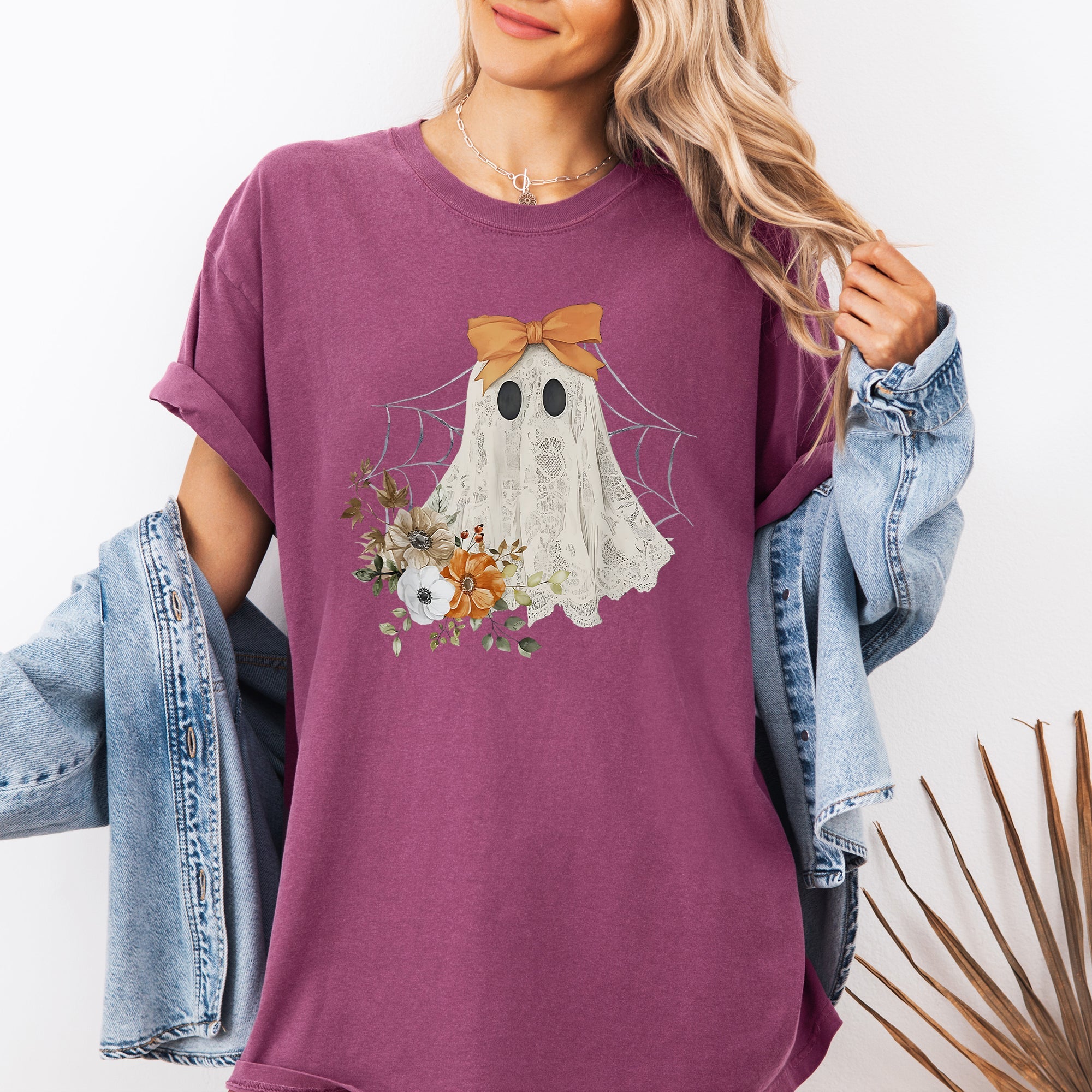 Lace Ghost Halloween Girly Spooky Coquette Orange Bow Ribbon Flowers Spider Web Comfort Colors Tee