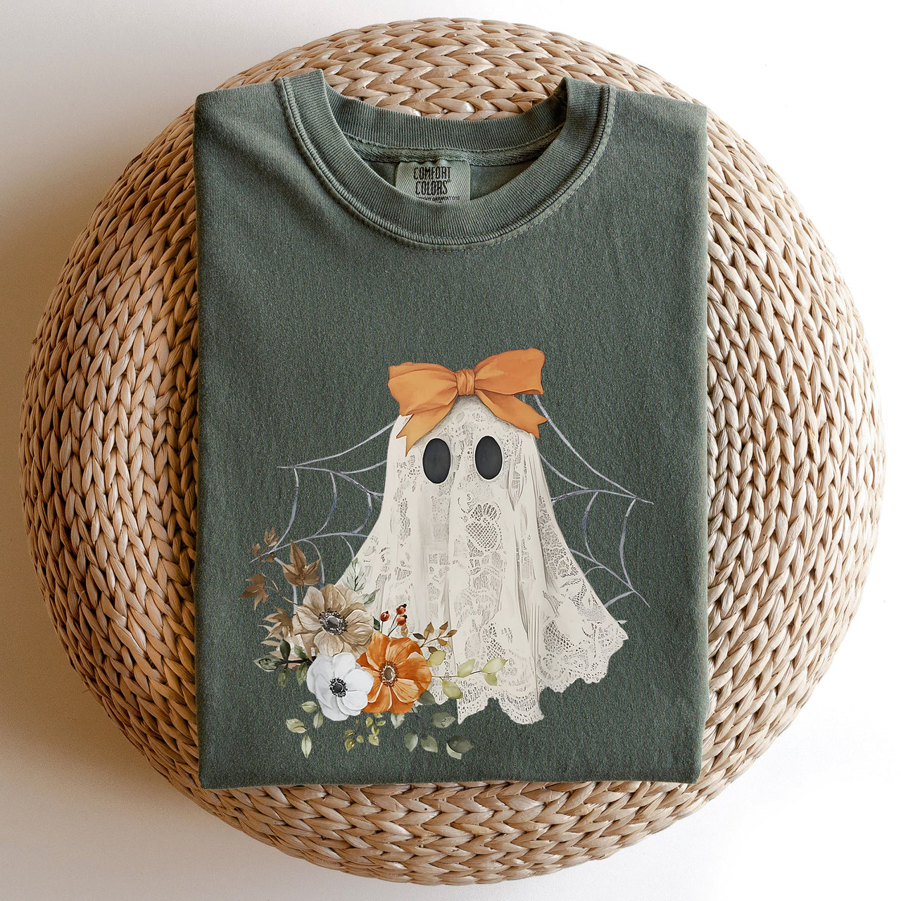 Lace Ghost Halloween Girly Spooky Coquette Orange Bow Ribbon Flowers Spider Web Comfort Colors Tee