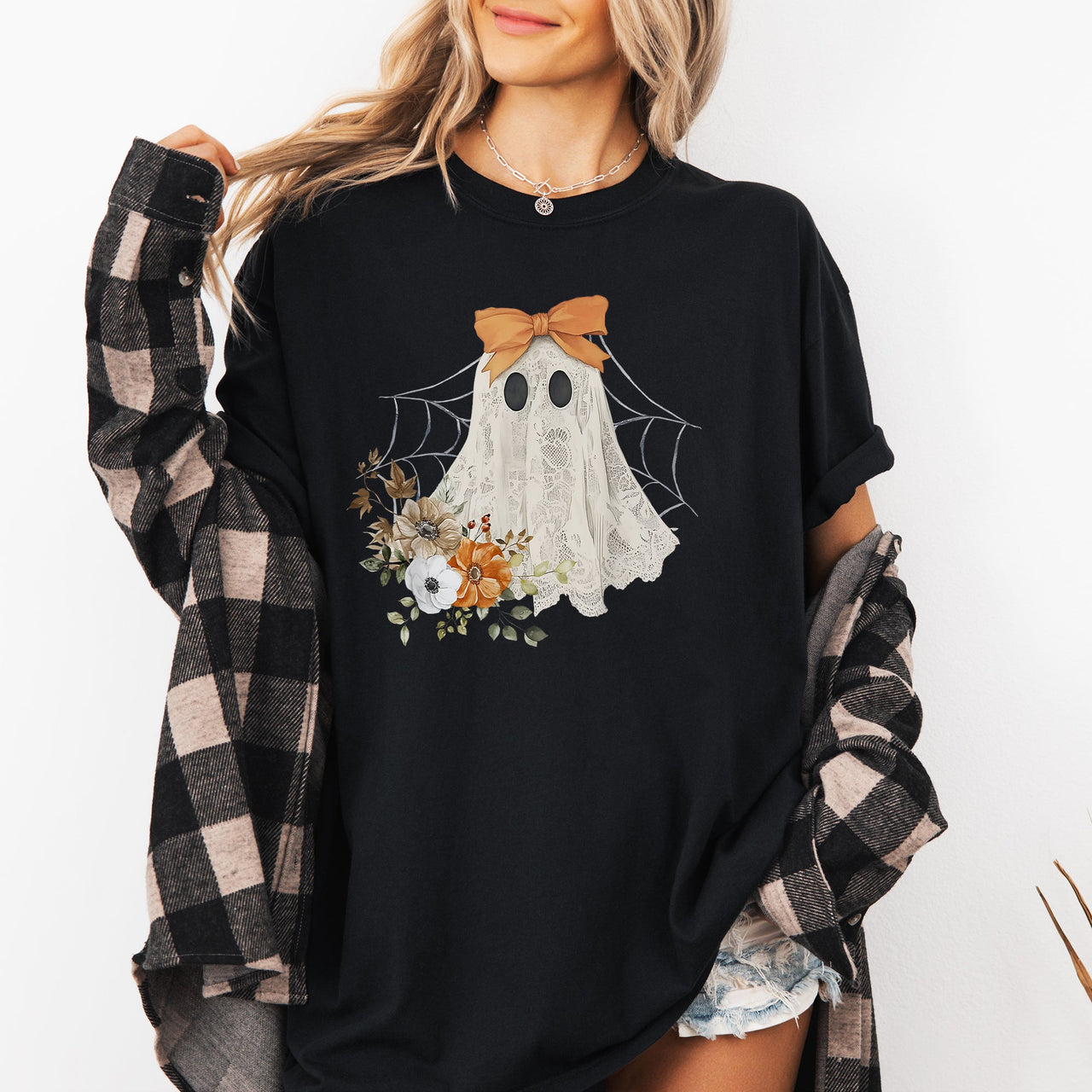 Lace Ghost Halloween Girly Spooky Coquette Orange Bow Ribbon Flowers Spider Web Comfort Colors Tee