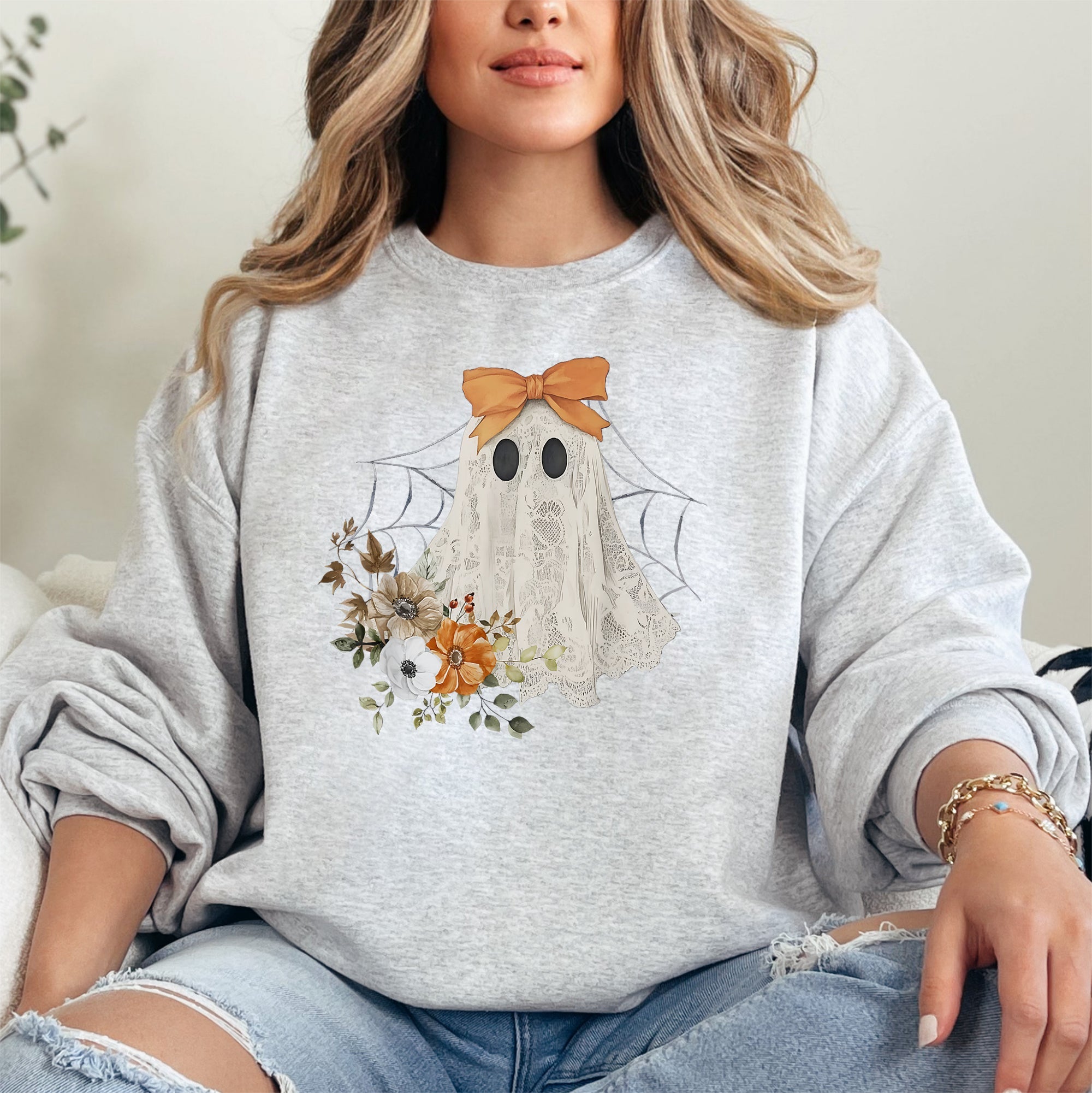 Lace Ghost Halloween Girly Spooky Coquette Lacey Ghost Orange Bow Ribbon Flowers Spider Web Sweatshirt