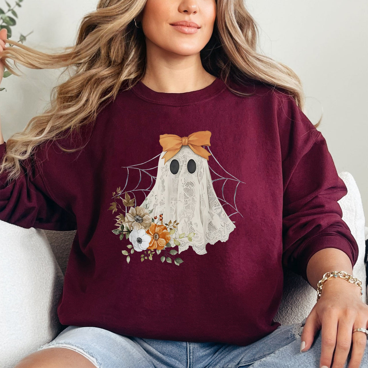 Lace Ghost Halloween Girly Spooky Coquette Lacey Ghost Orange Bow Ribbon Flowers Spider Web Sweatshirt
