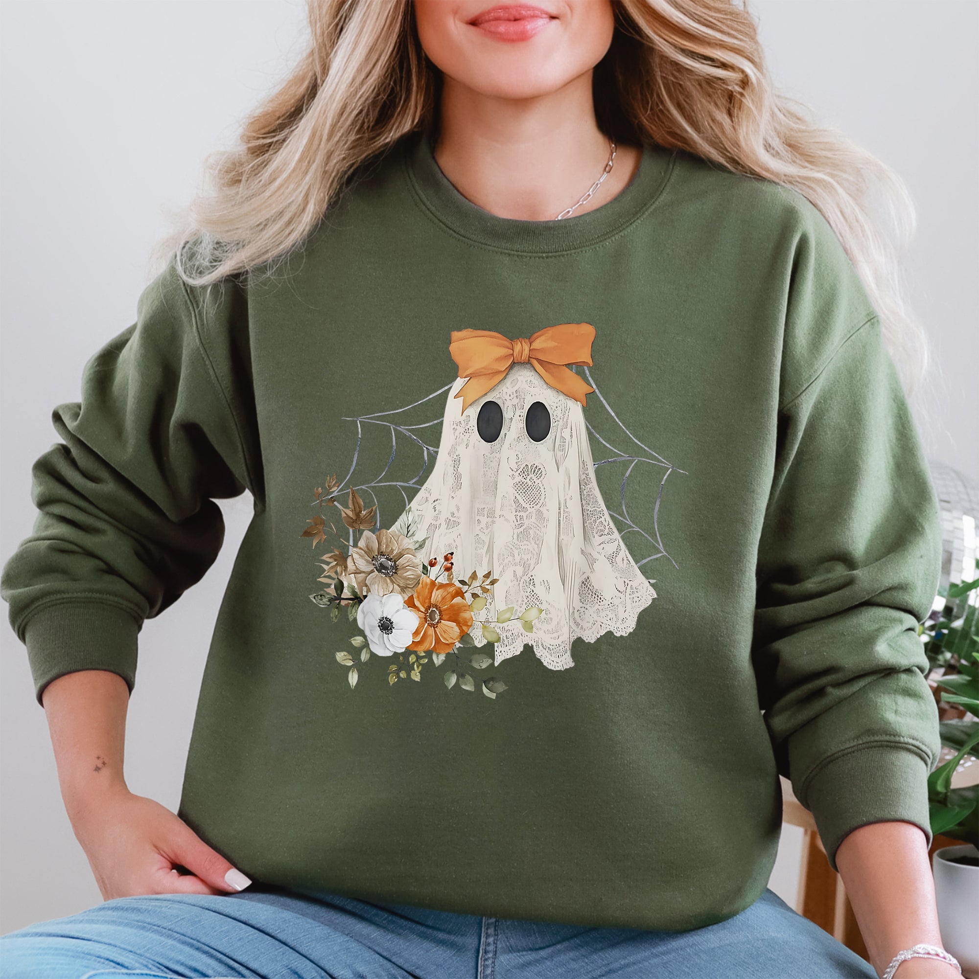 Lace Ghost Halloween Girly Spooky Coquette Lacey Ghost Orange Bow Ribbon Flowers Spider Web Sweatshirt