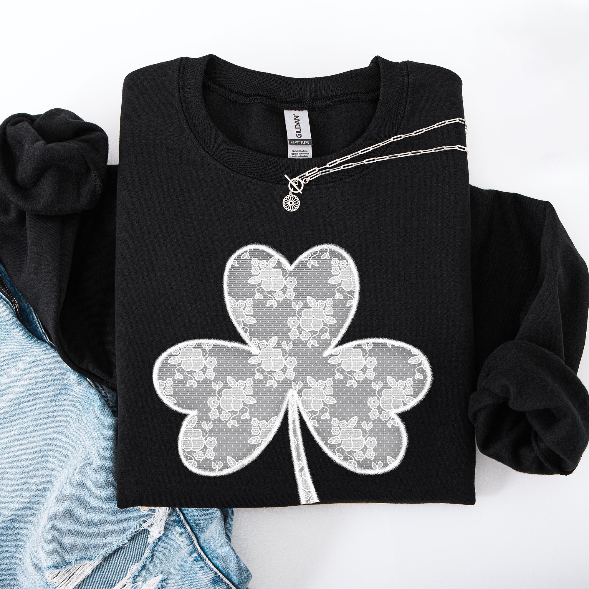 Lace Coquette Shamrock St Patrick's Day Clover Lucky Leprechaun Festive Sweatshirt