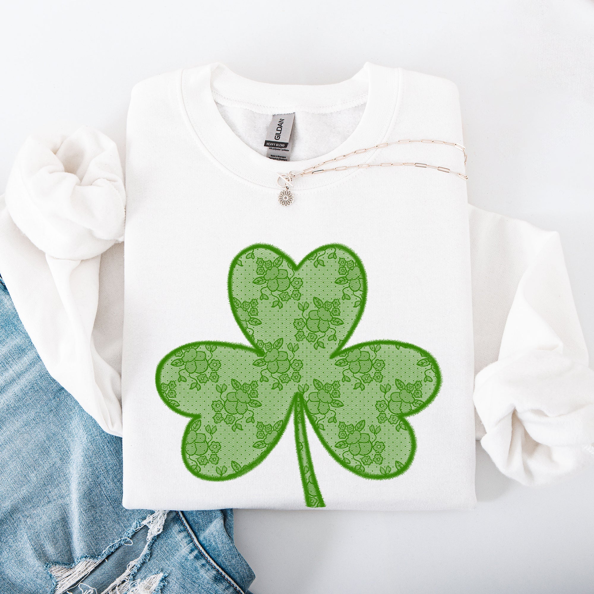 Lace Coquette Shamrock St Patrick's Day Clover Lucky Leprechaun Festive Sweatshirt