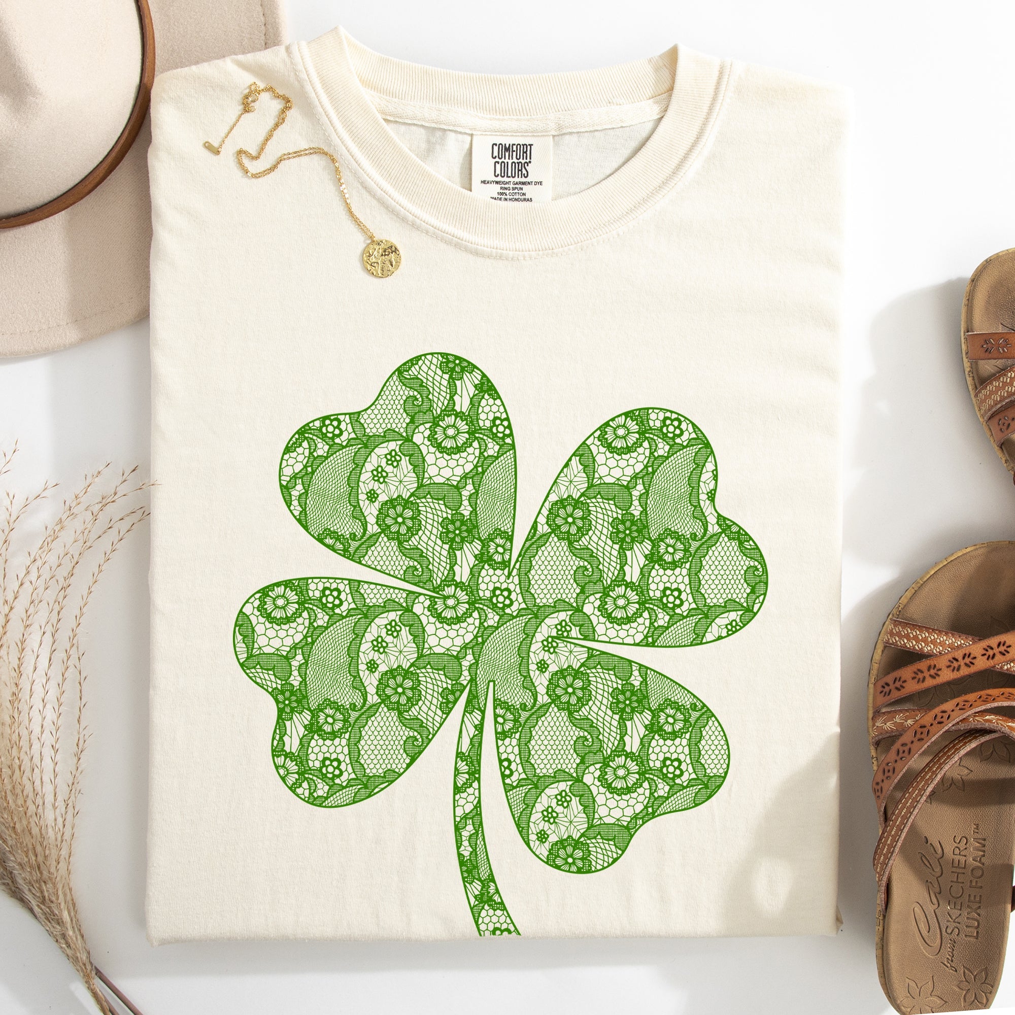 Lace Coquette Shamrock Clover Lucky Leprechaun St Patrick's Day Comfort Colors Tee