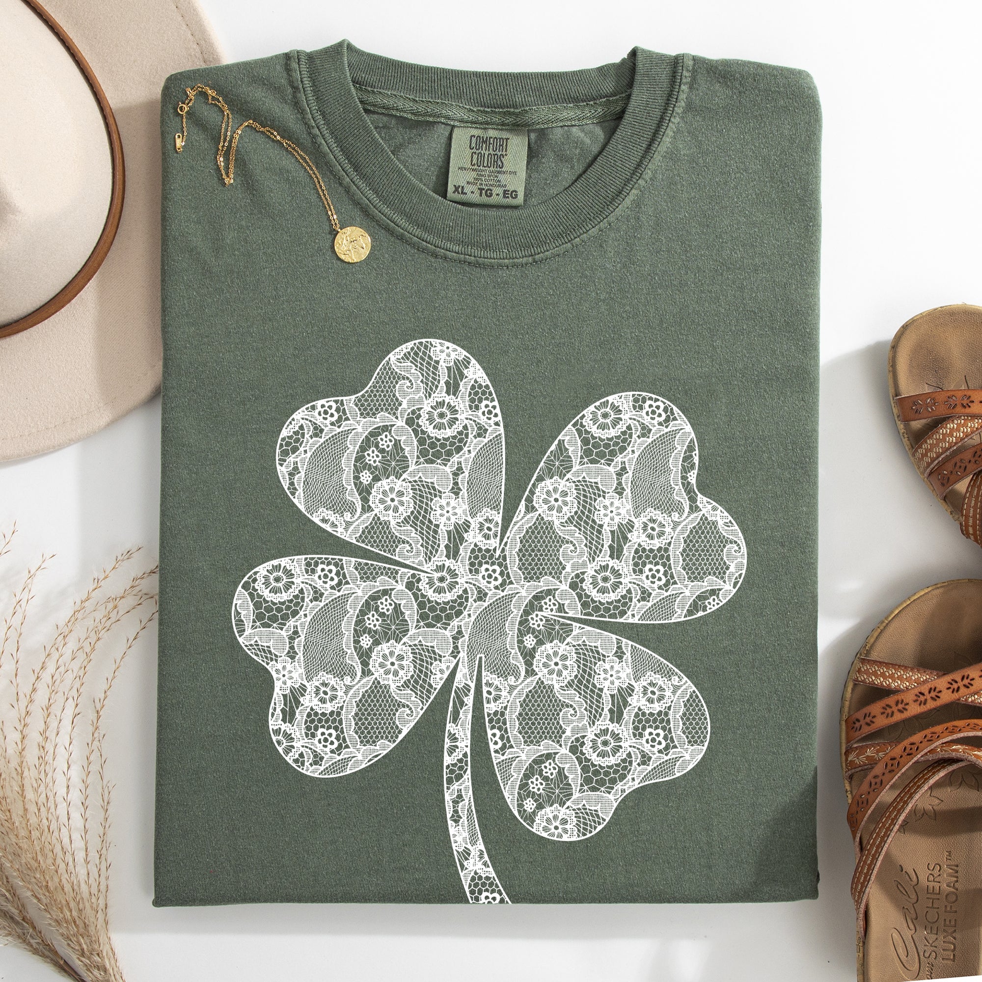 Lace Coquette Shamrock Clover Lucky Leprechaun St Patrick's Day Comfort Colors Tee