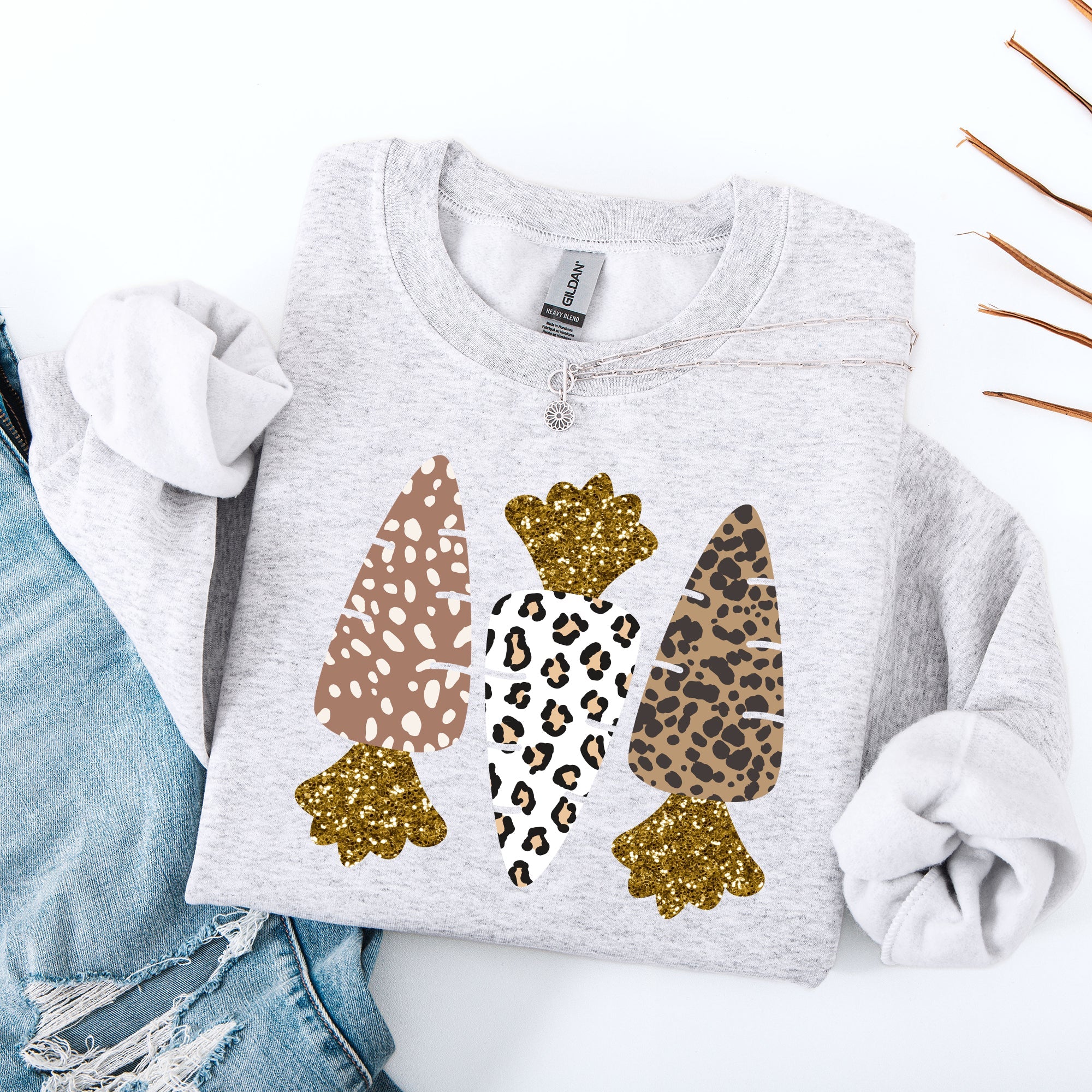 Leopard Print Carrots Easter Bunny Jesus Rabbit Holiday Themed Graphic Sweatshirt