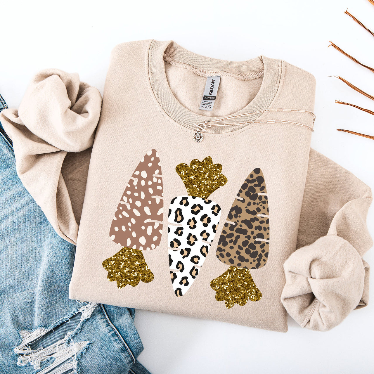 Leopard Print Carrots Easter Bunny Jesus Rabbit Holiday Themed Graphic Sweatshirt