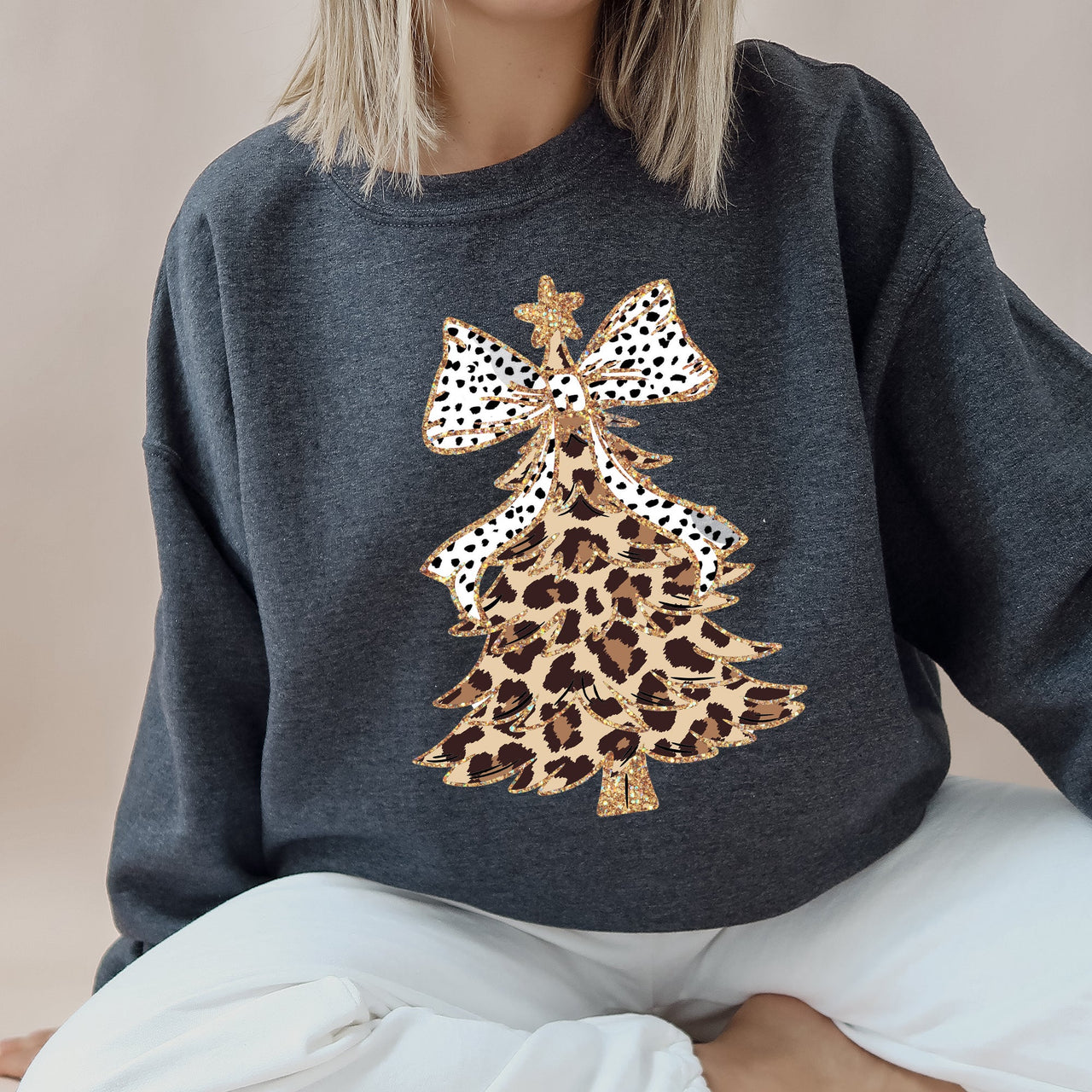 Leopard Print Christmas Tree Santa Dalmatian Bow Cute Girly Festive Cozy Seasonal Sweatshirt