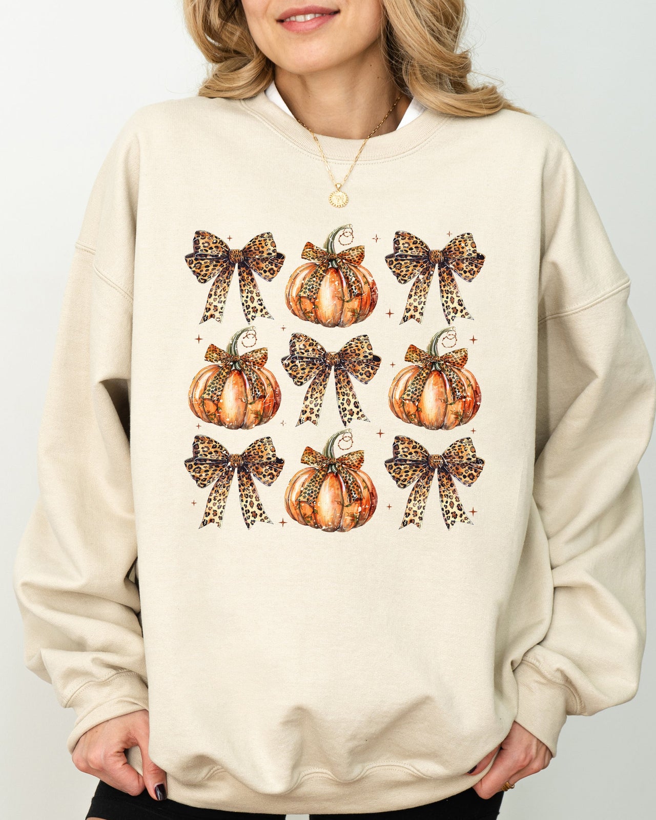 Leopard Print Pumpkins With Coquette Ribbons And Bows Halloween Autumn Sweatshirt