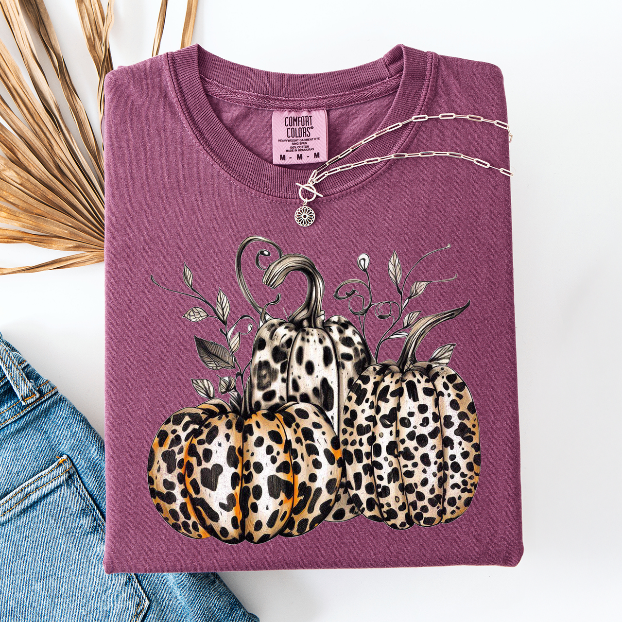 Leopard Print Pumpkins Watercolor Bouquet Autumn Halloween Scene Comfort Colors Tee