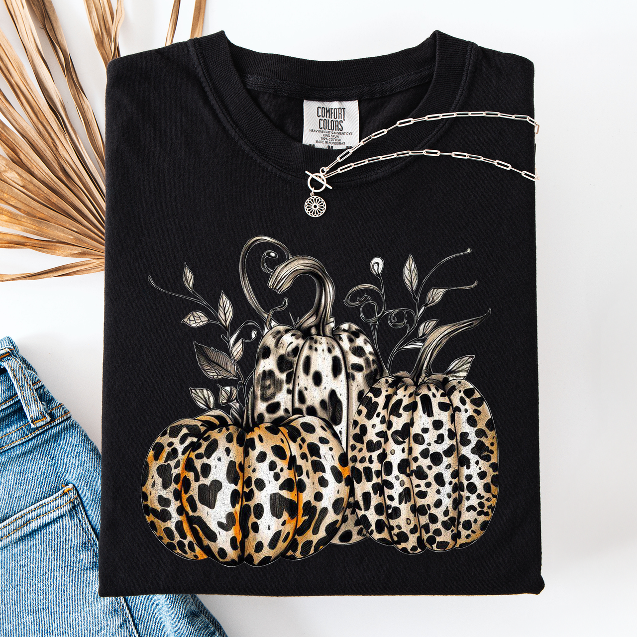 Leopard Print Pumpkins Watercolor Bouquet Autumn Halloween Scene Comfort Colors Tee