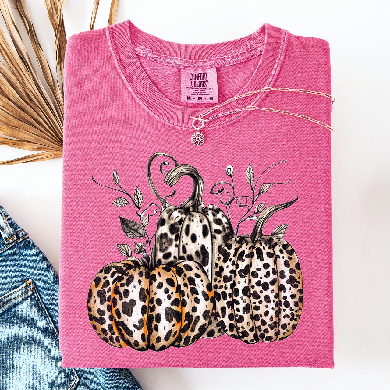 Leopard Print Pumpkins Watercolor Bouquet Autumn Halloween Scene Comfort Colors Tee