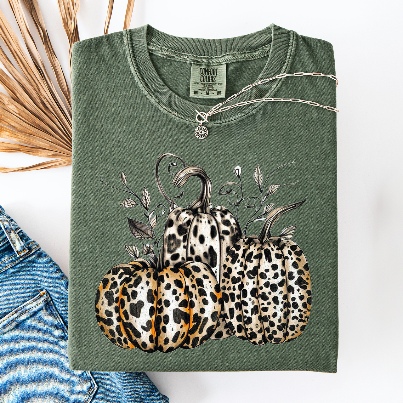Leopard Print Pumpkins Watercolor Bouquet Autumn Halloween Scene Comfort Colors Tee