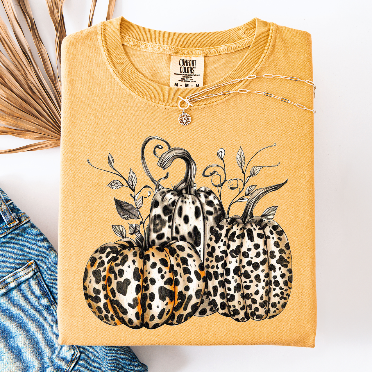 Leopard Print Pumpkins Watercolor Bouquet Autumn Halloween Scene Comfort Colors Tee
