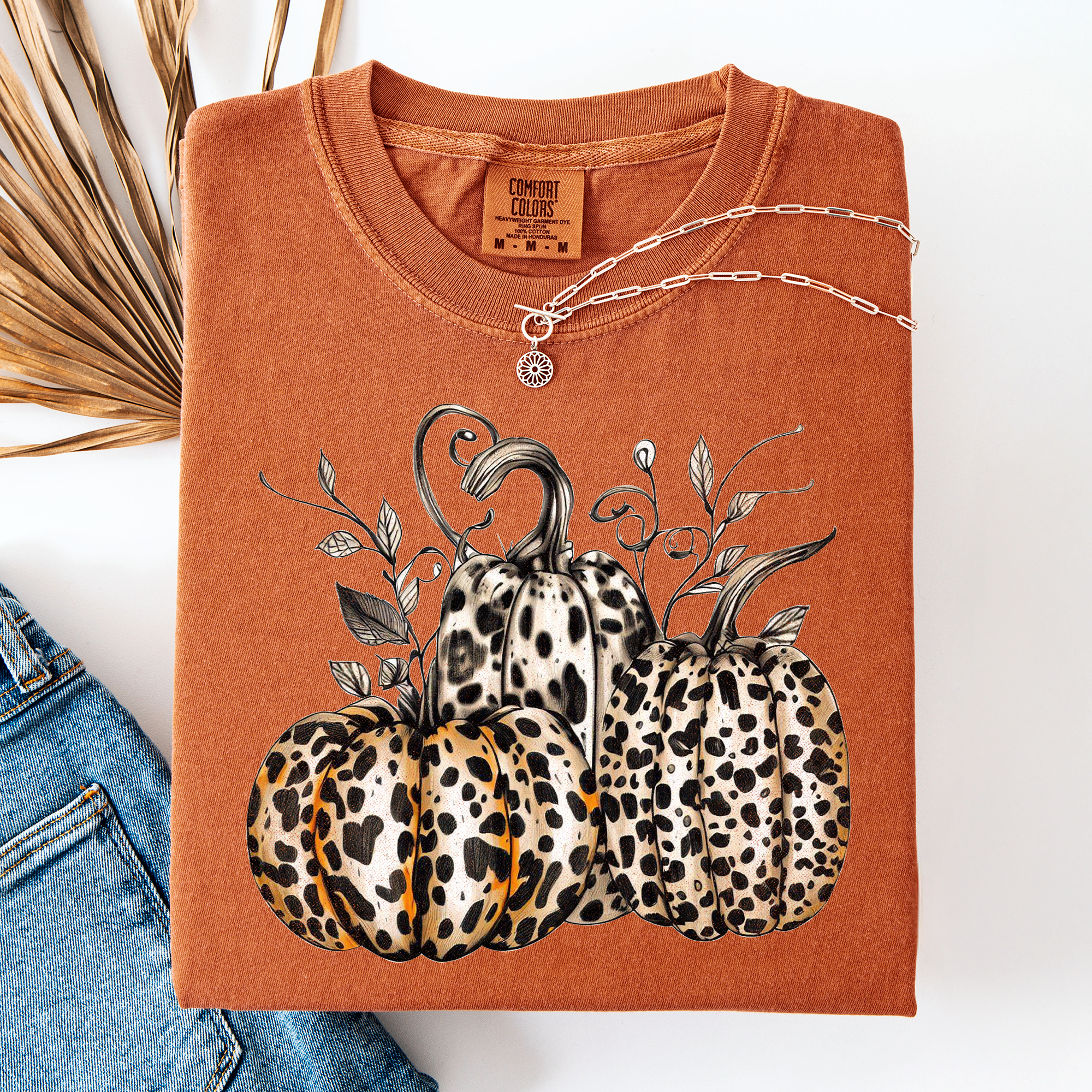 Leopard Print Pumpkins Watercolor Bouquet Autumn Halloween Scene Comfort Colors Tee