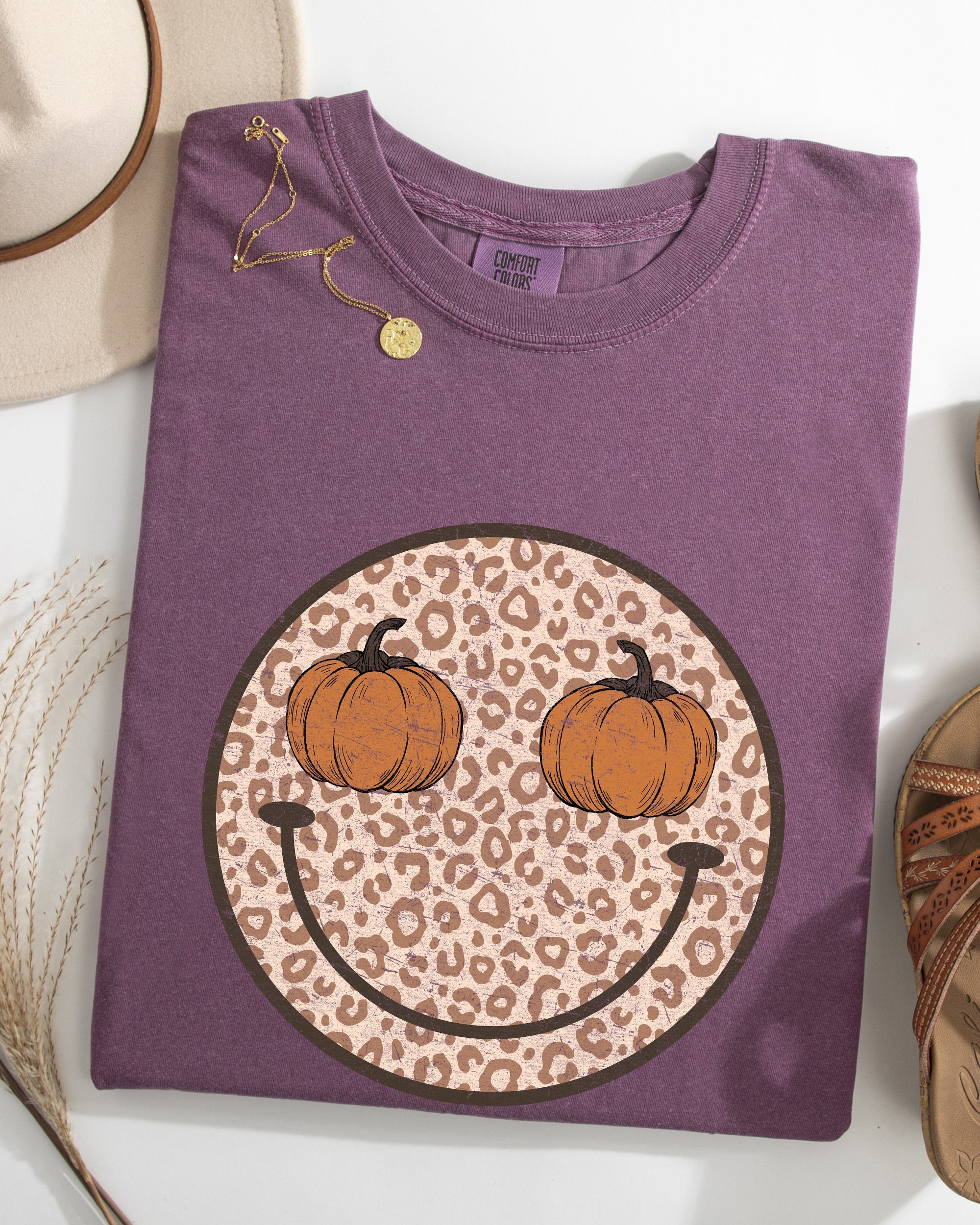 Leopard Print Smiley Halloween Pumpkin Retro Fall Autumn Shirt Comfort Colors Tee