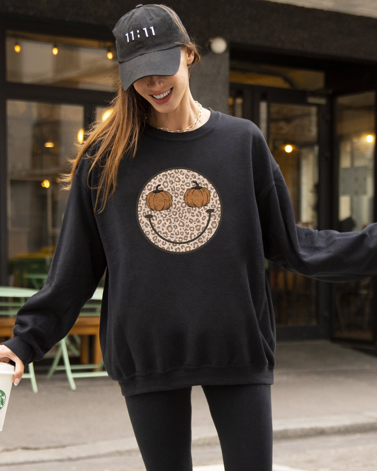 Leopard Print Smiley Halloween Pumpkin Retro Fall Autumn Cozy Vintage Graphic Sweatshirt