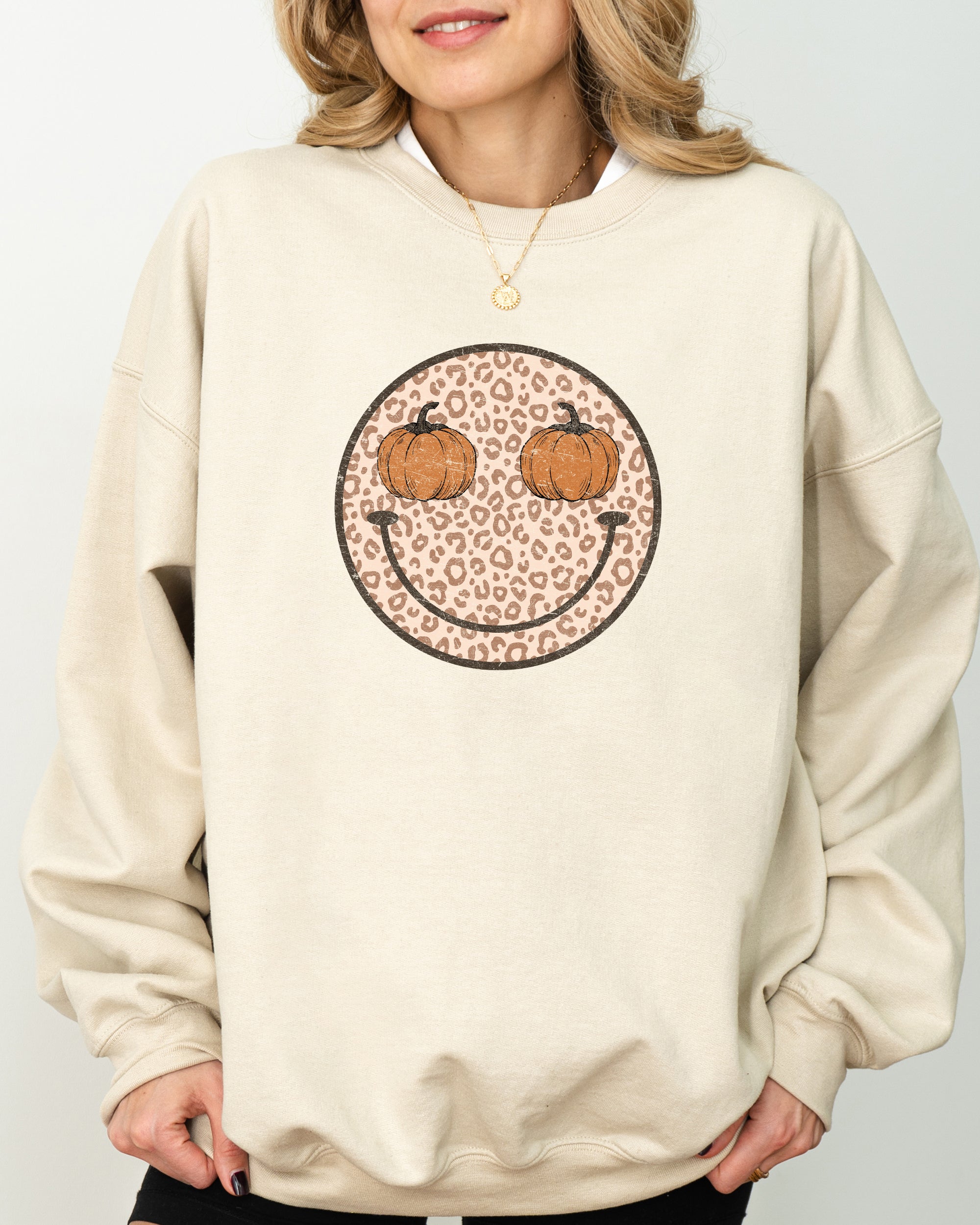 Leopard Print Smiley Halloween Pumpkin Retro Fall Autumn Cozy Vintage Graphic Sweatshirt