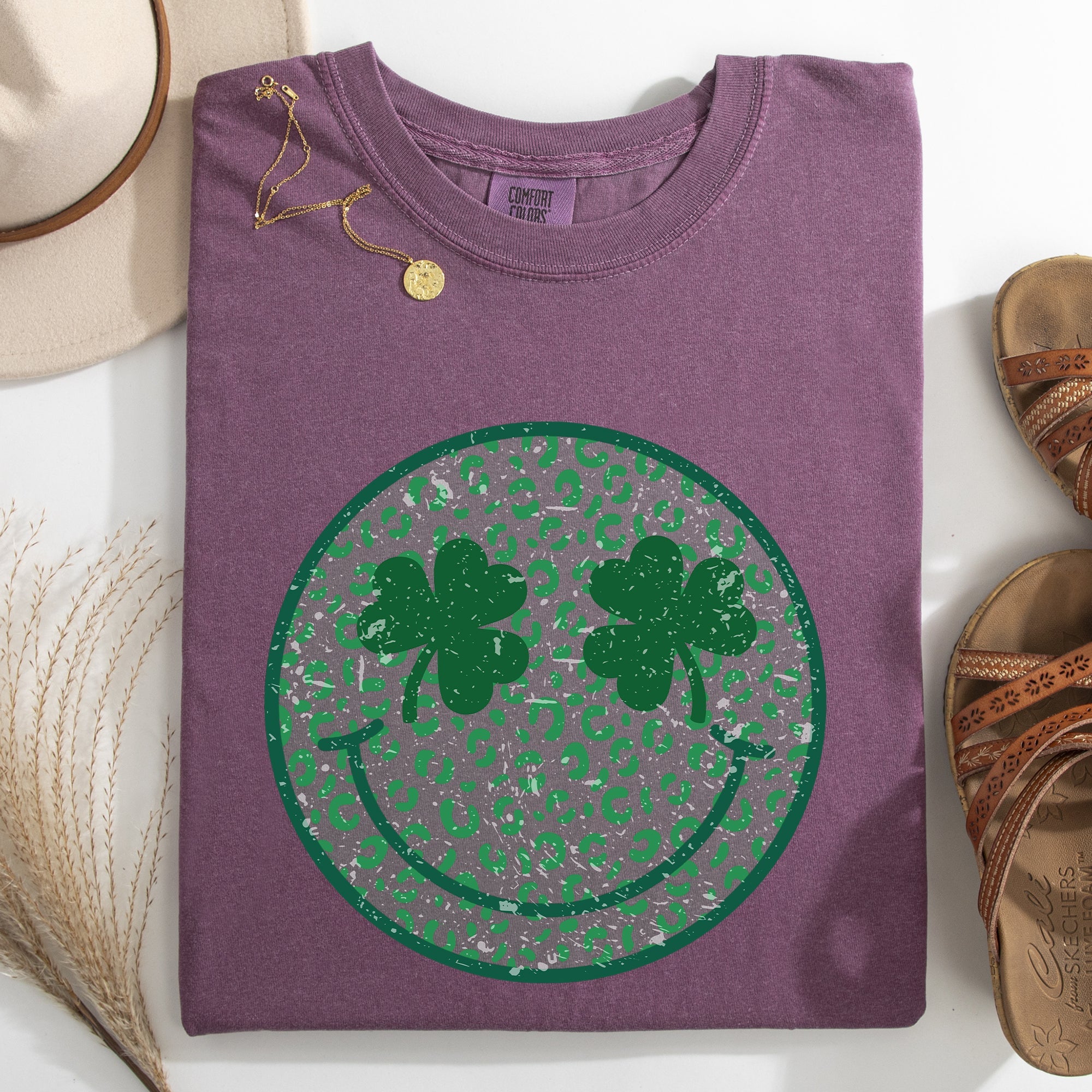 Leopard Print Smiley Retro St Patrick's Day Shamrock Clover Lucky Leprechaun Comfort Colors Tee