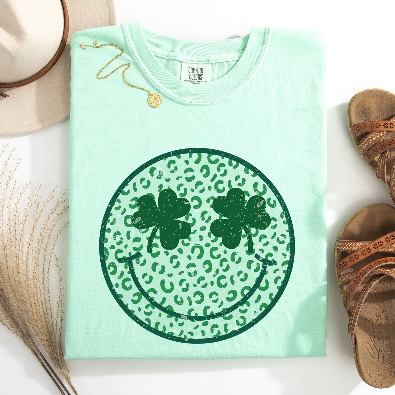 Leopard Print Smiley Retro St Patrick's Day Shamrock Clover Lucky Leprechaun Comfort Colors Tee