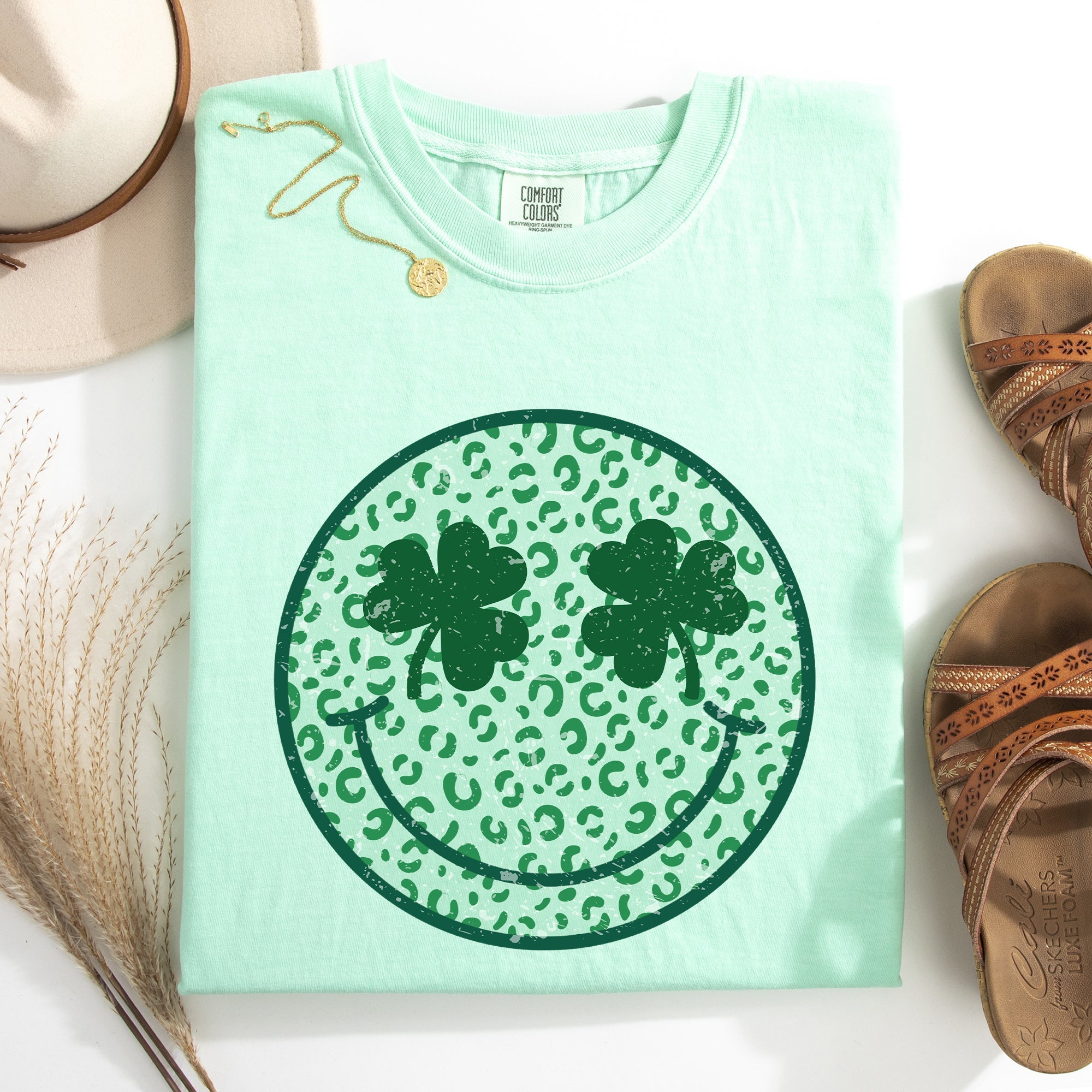 Leopard Print Smiley Retro St Patrick's Day Shamrock Clover Lucky Leprechaun Comfort Colors Tee