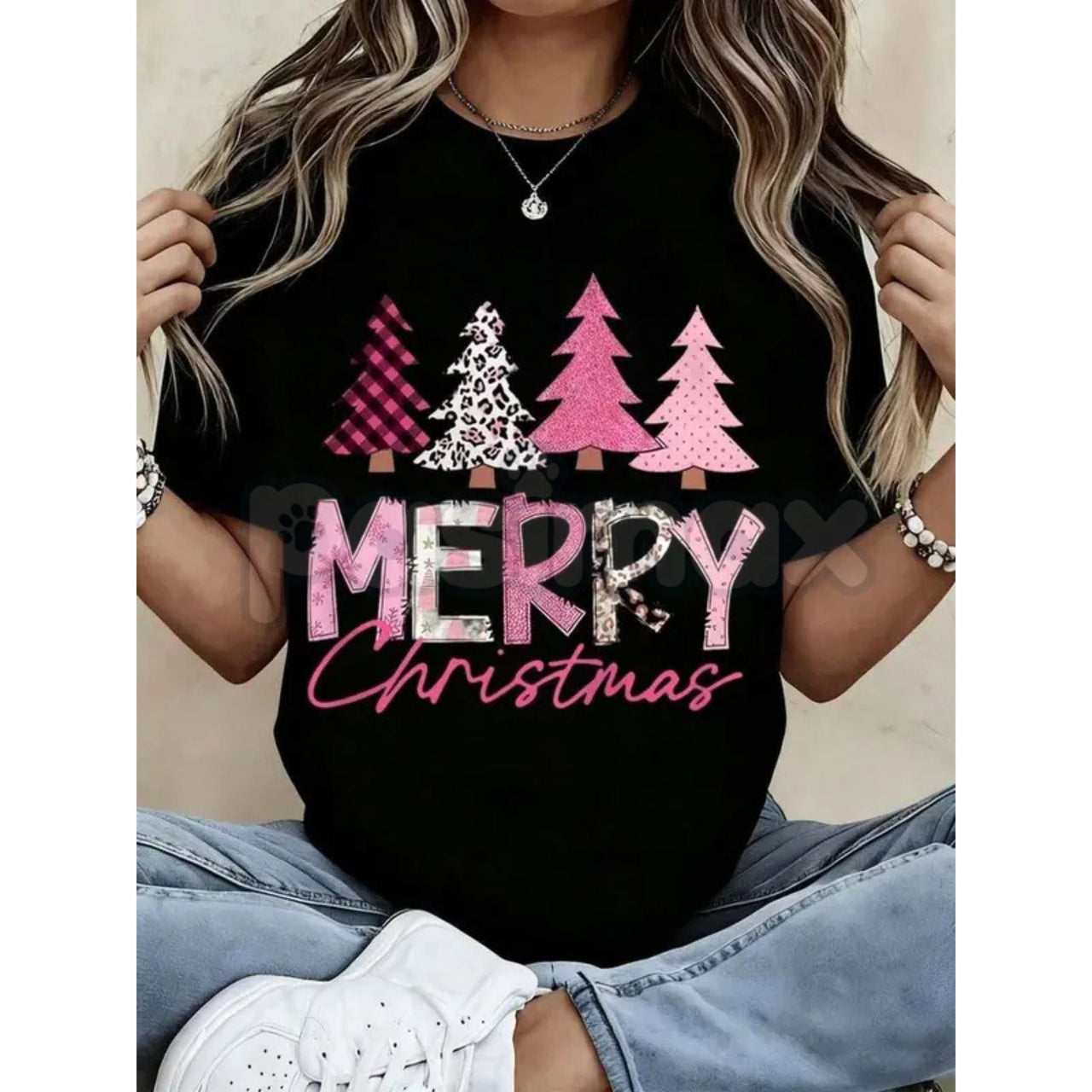 Leopard Print Pink Plaid Christmas Trees T-Shirt - Glam Holiday Statement Tee, Maximalist Festive Fashion for Women, Edgy Seasonal Graphic