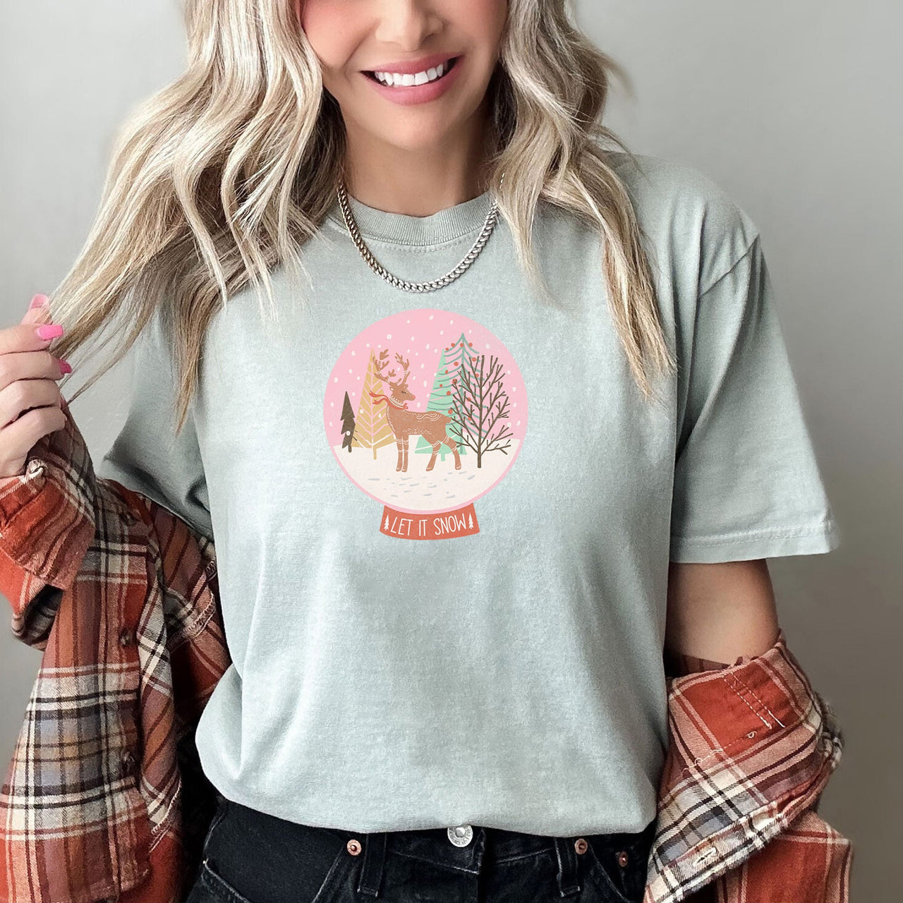 Let It Snow Snow Ball Christmas Deer Seasonal Festivity Design Holiday Collection Edition Comfort Colors Tee