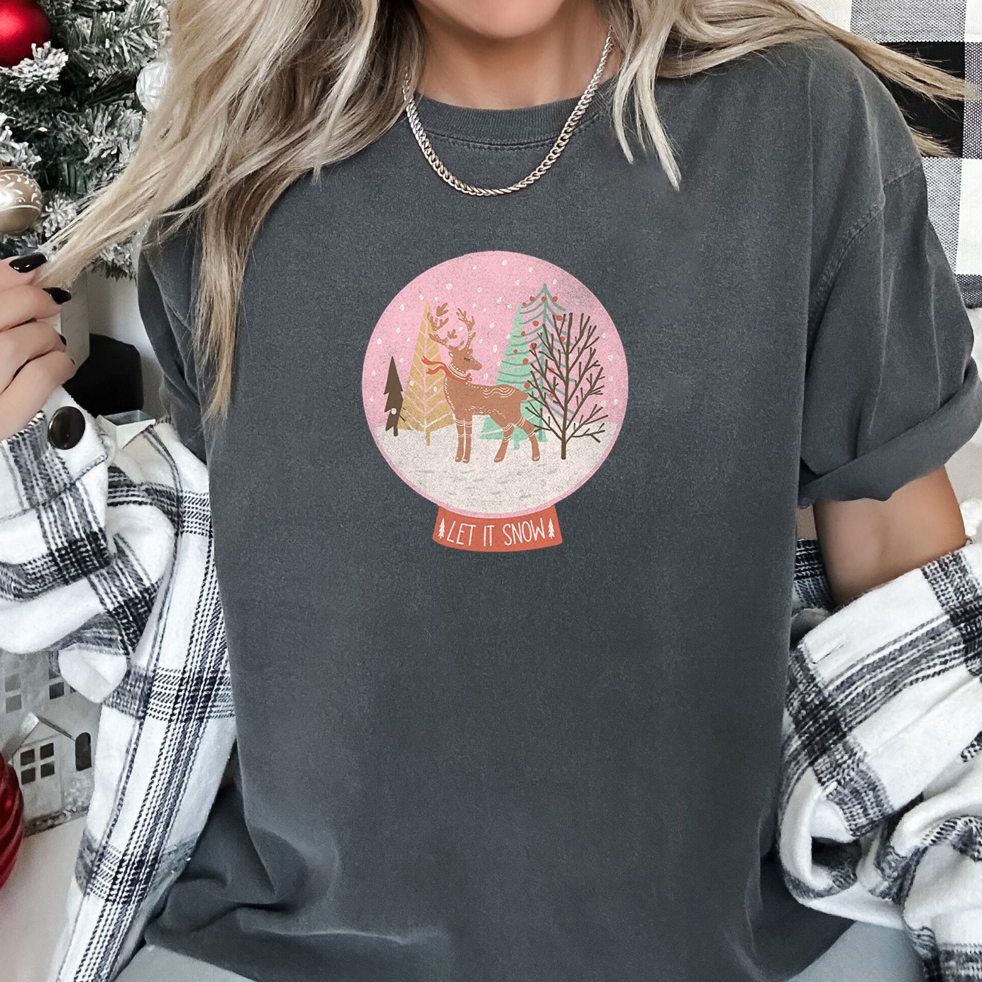Let It Snow Snow Ball Christmas Deer Seasonal Festivity Design Holiday Collection Edition Comfort Colors Tee