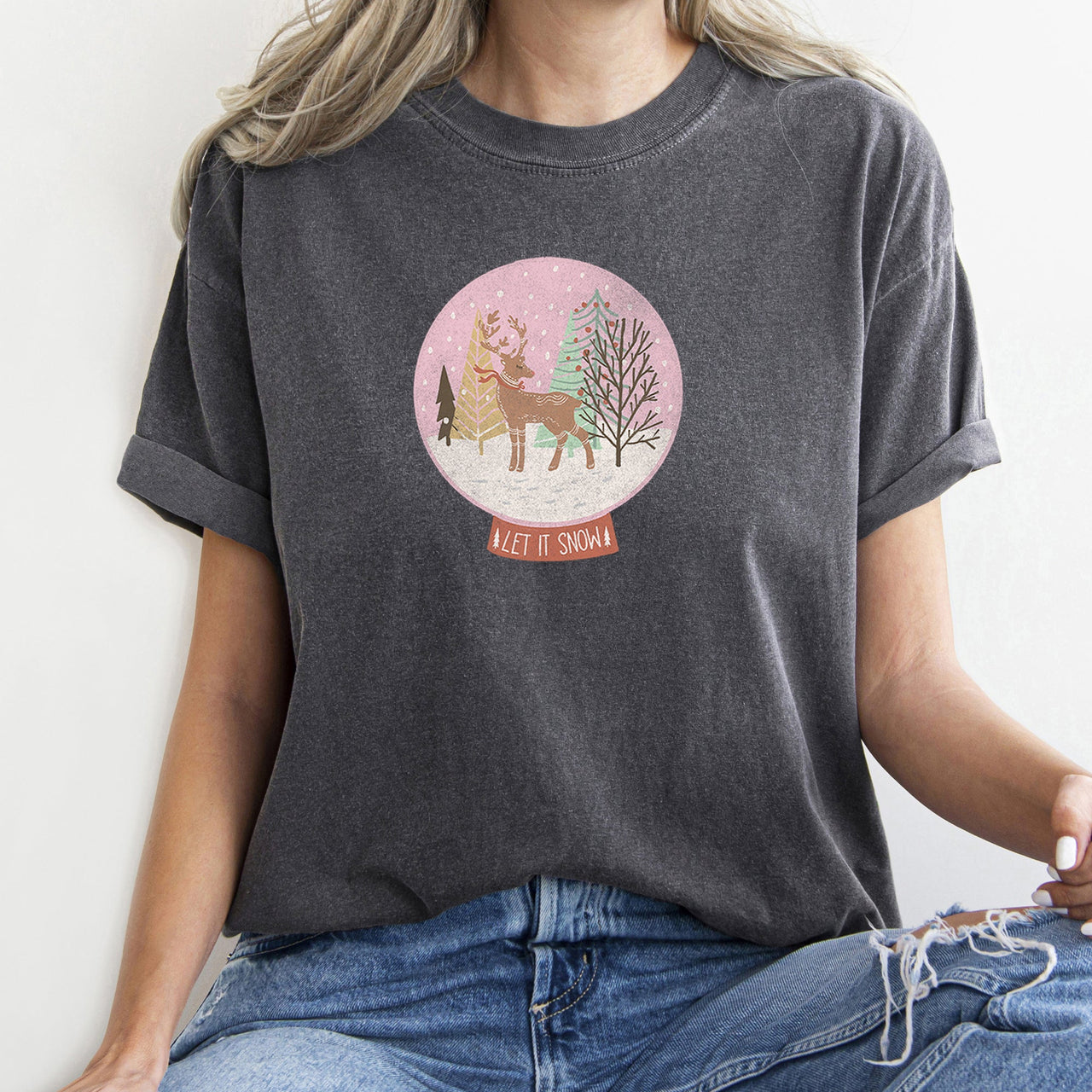 Let It Snow Snow Ball Christmas Deer Seasonal Festivity Design Holiday Collection Edition Comfort Colors Tee