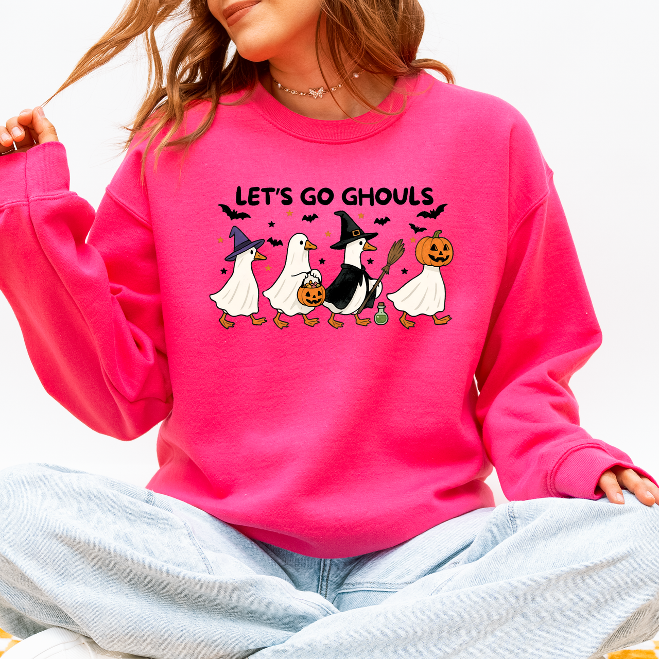 Let's Go Ghouls Geese Goose Halloween Witch Theme Spooky Seasonal Graphic Sweatshirt