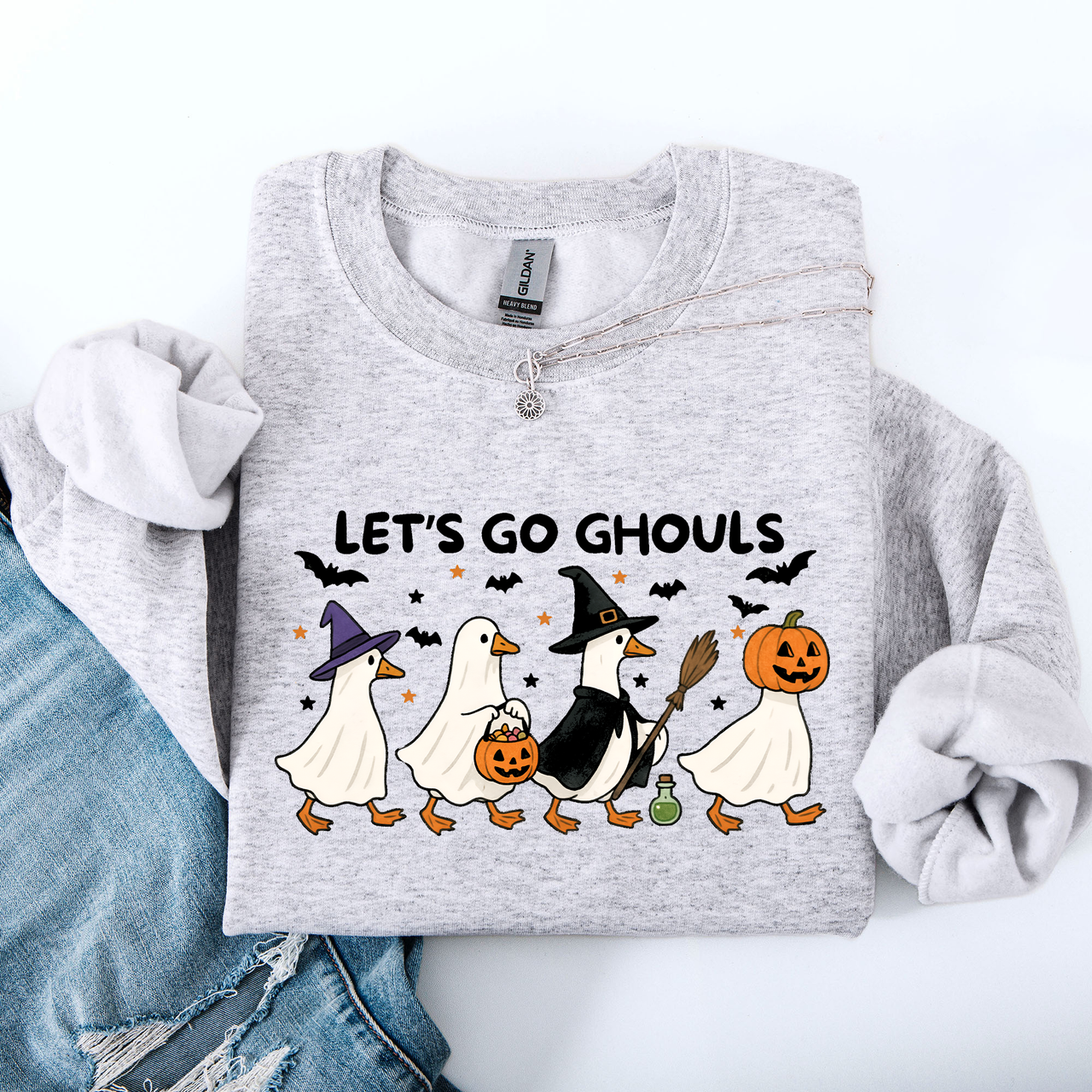 Let's Go Ghouls Geese Goose Halloween Witch Theme Spooky Seasonal Graphic Sweatshirt