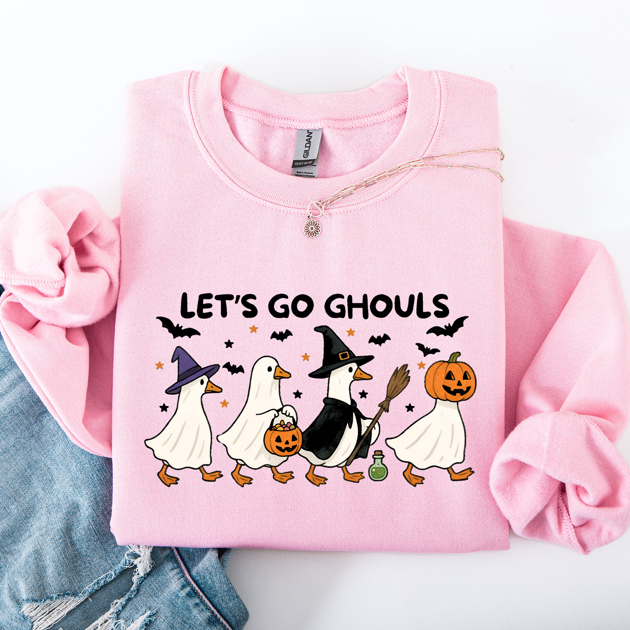 Let's Go Ghouls Geese Goose Halloween Witch Theme Spooky Seasonal Graphic Sweatshirt
