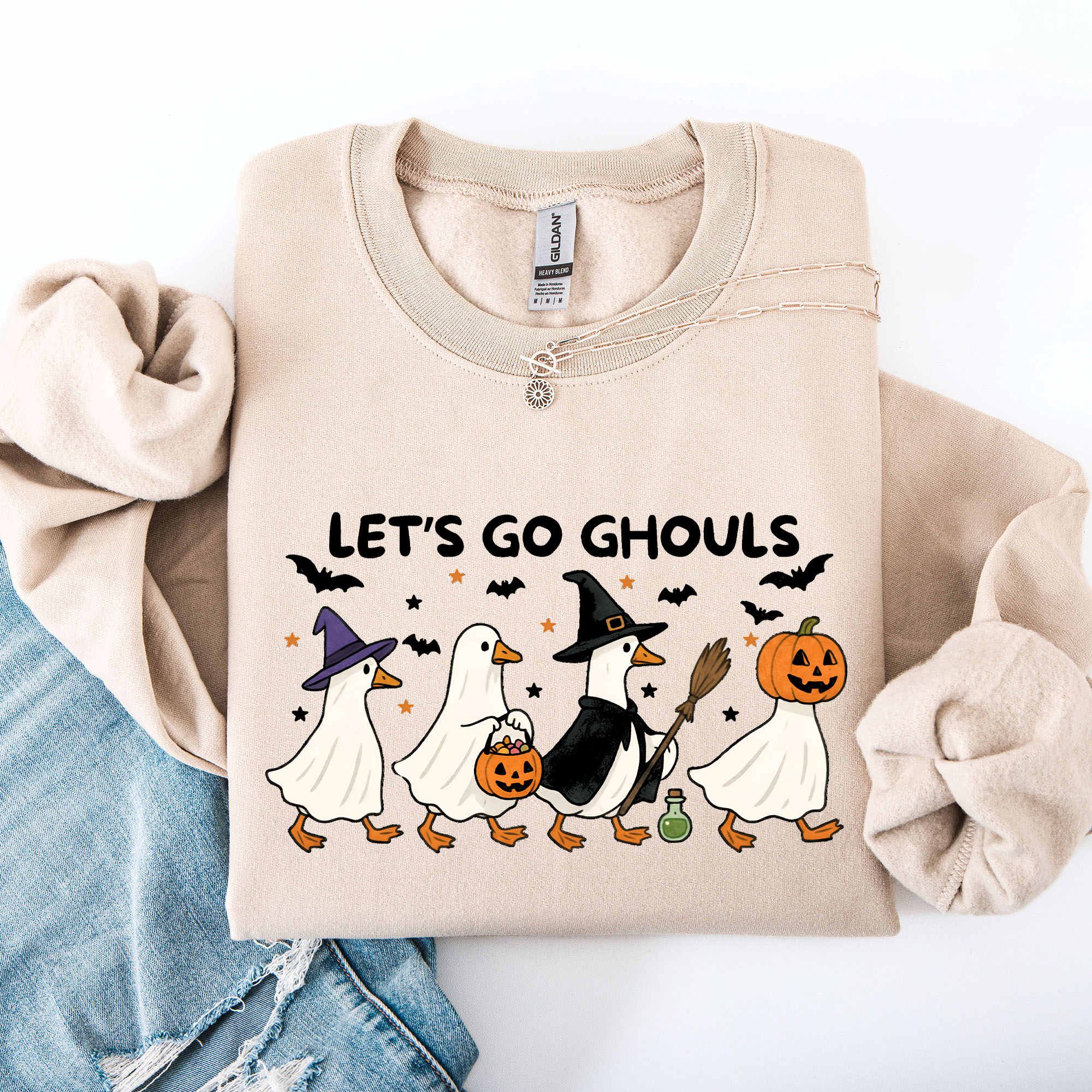 Let's Go Ghouls Geese Goose Halloween Witch Theme Spooky Seasonal Graphic Sweatshirt