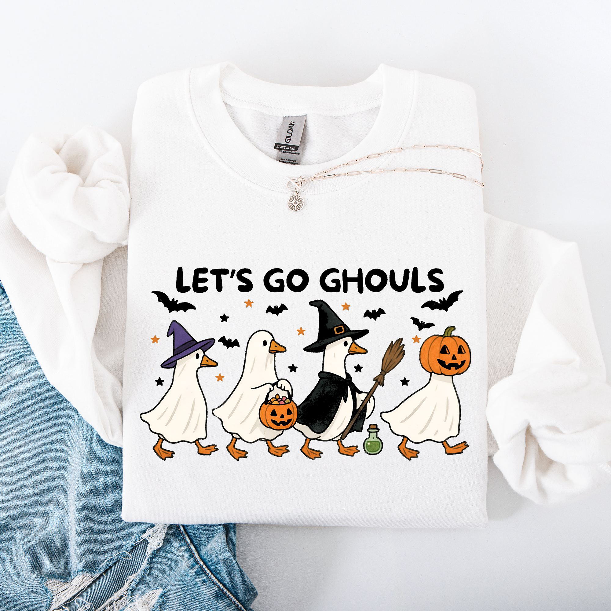 Let's Go Ghouls Geese Goose Halloween Witch Theme Spooky Seasonal Graphic Sweatshirt