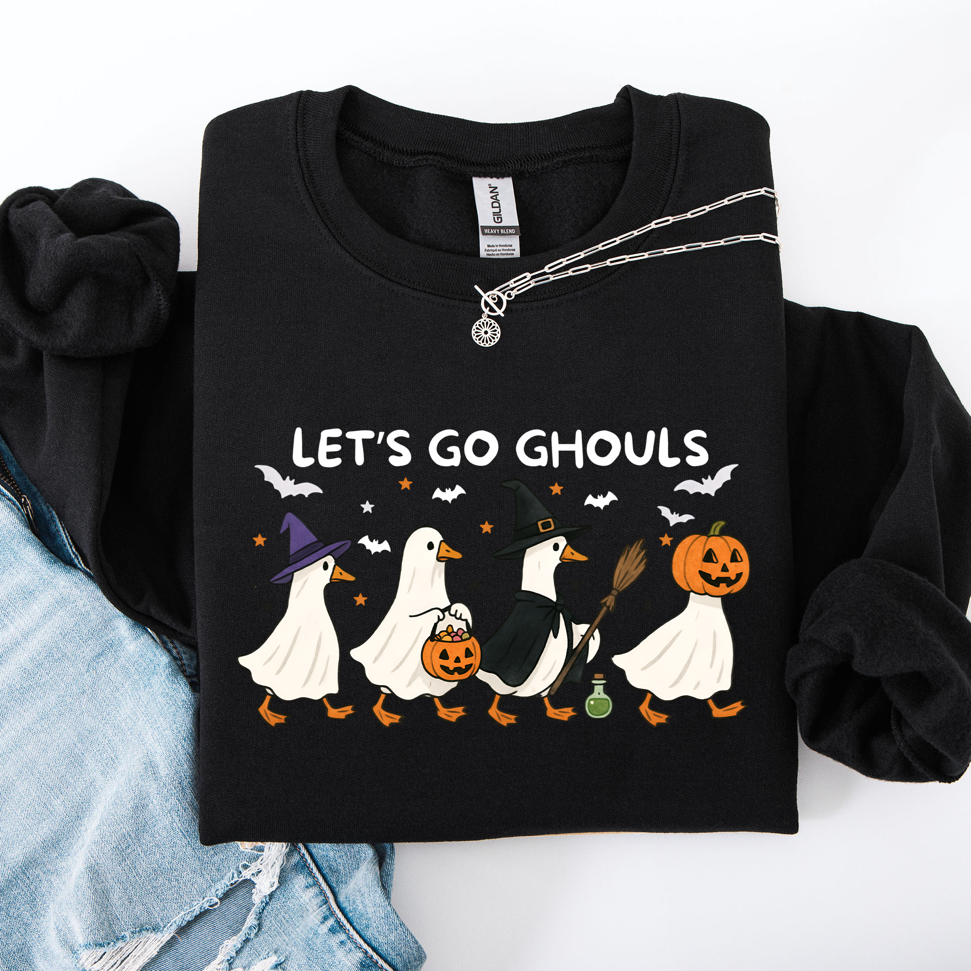 Let's Go Ghouls Geese Goose Halloween Witch Theme Spooky Seasonal Graphic Sweatshirt