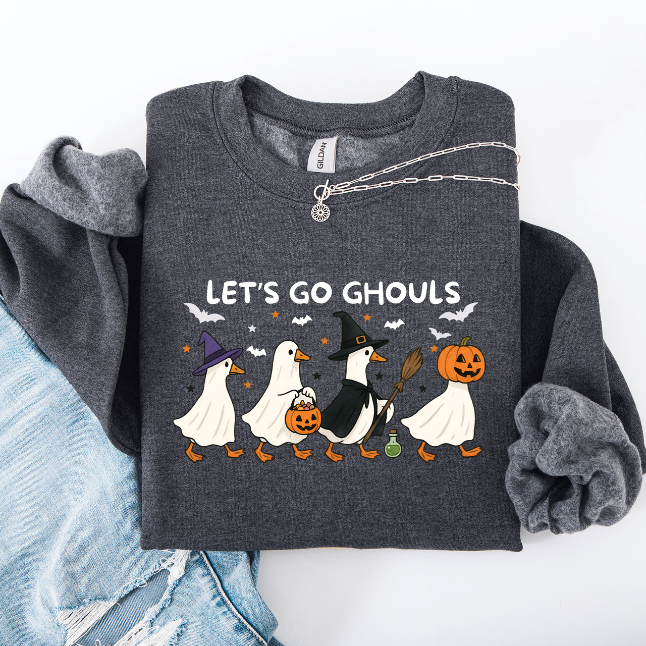 Let's Go Ghouls Geese Goose Halloween Witch Theme Spooky Seasonal Graphic Sweatshirt