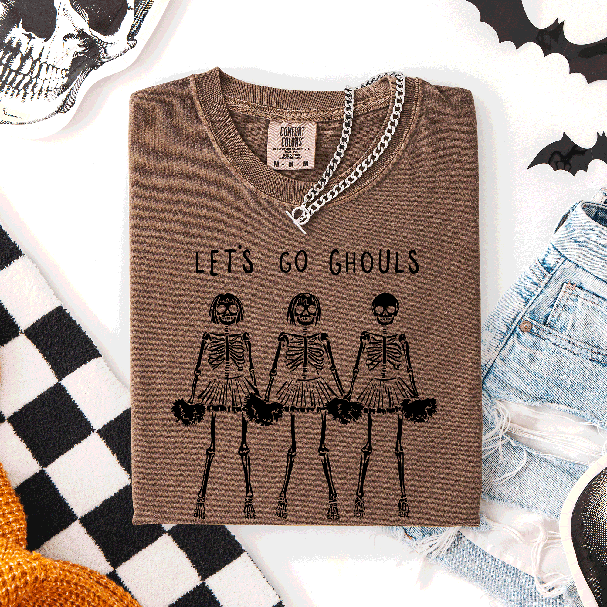 Let's Go Ghouls Skeleton Cheerleaders Spooky Halloween Edition Classic Comfort Colors Tee