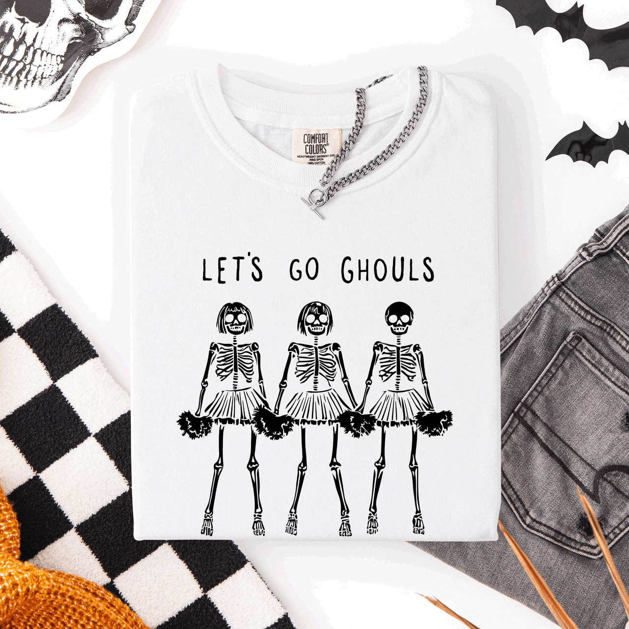 Let's Go Ghouls Skeleton Cheerleaders Spooky Halloween Edition Classic Comfort Colors Tee