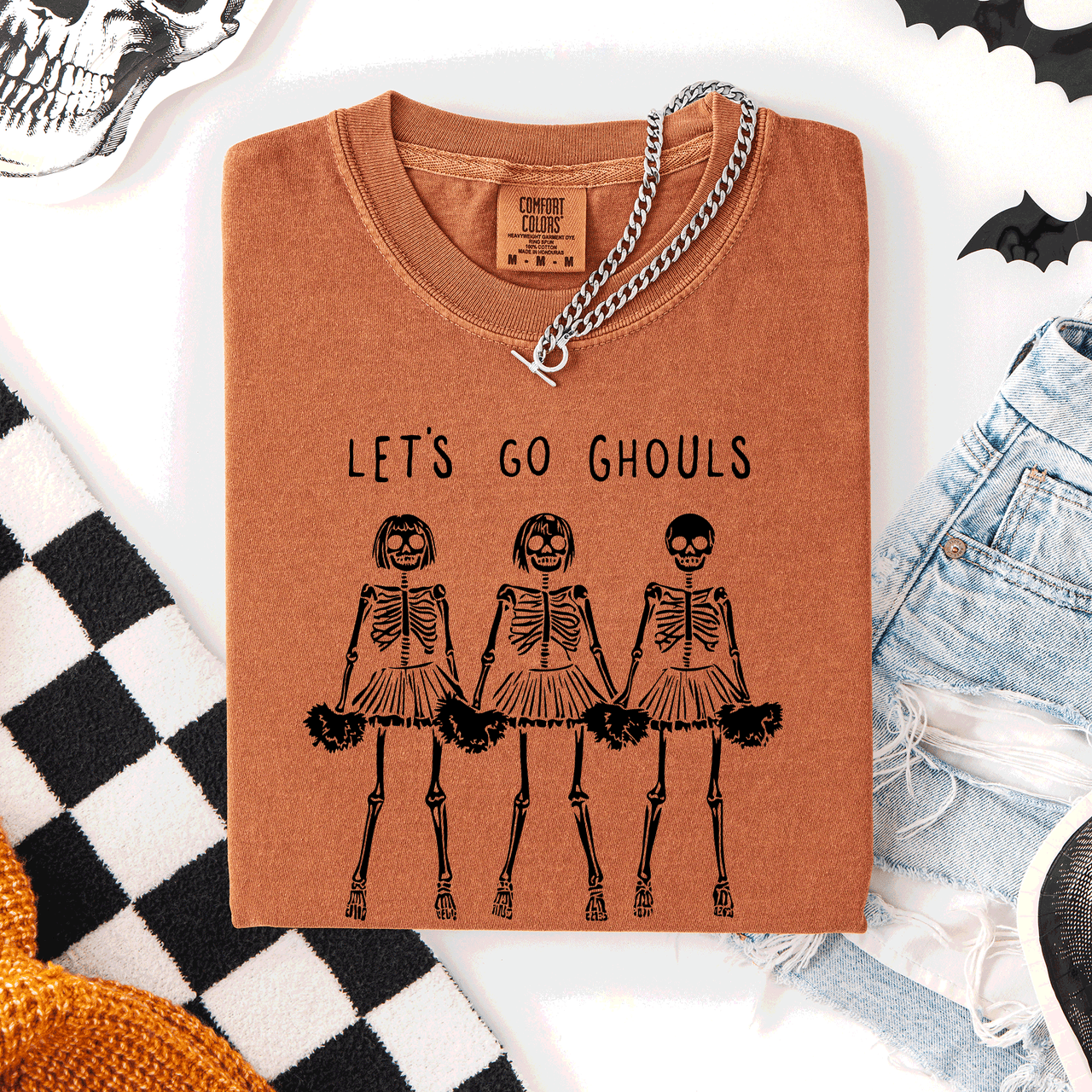 Let's Go Ghouls Skeleton Cheerleaders Spooky Halloween Edition Classic Comfort Colors Tee