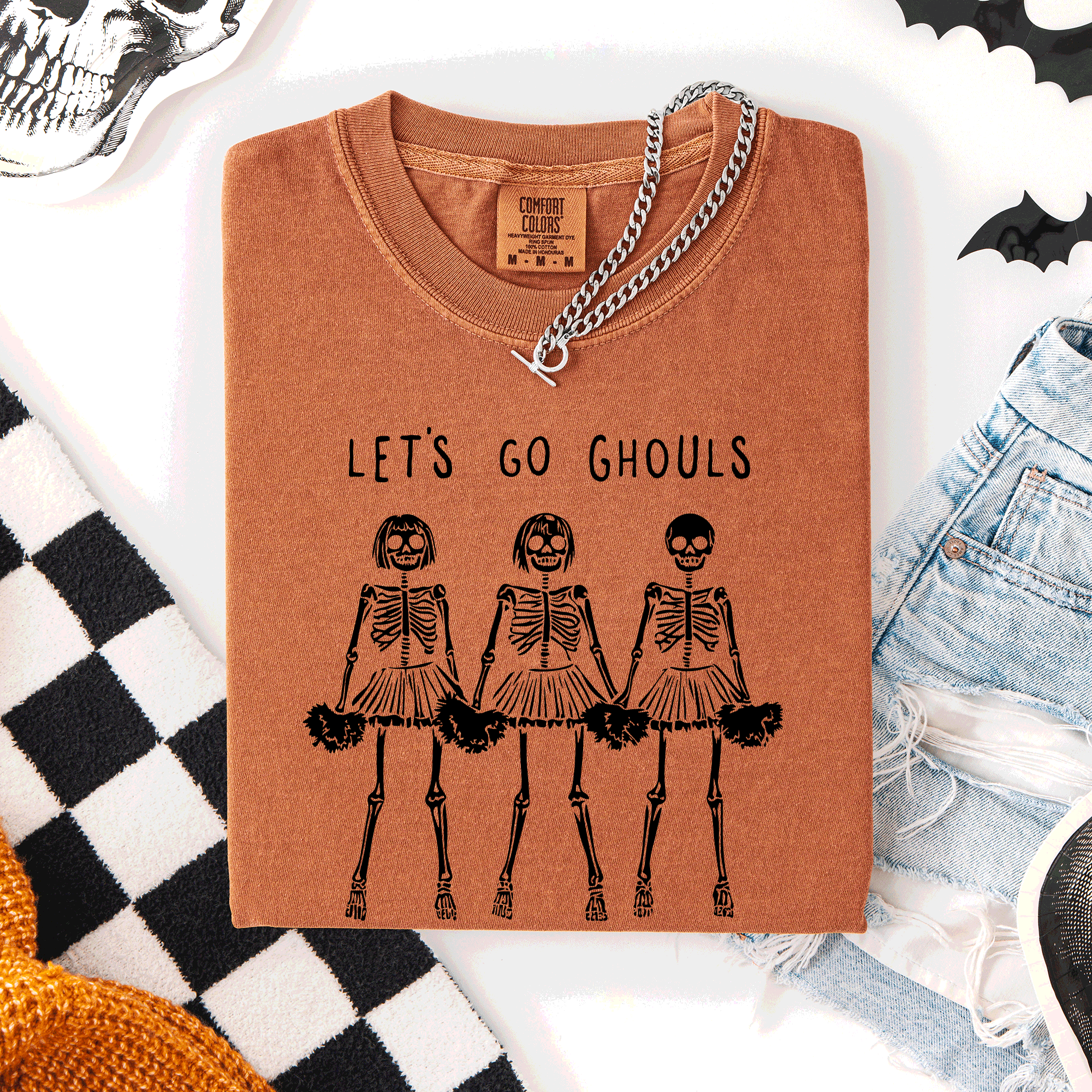 Let's Go Ghouls Skeleton Cheerleaders Spooky Halloween Edition Classic Comfort Colors Tee