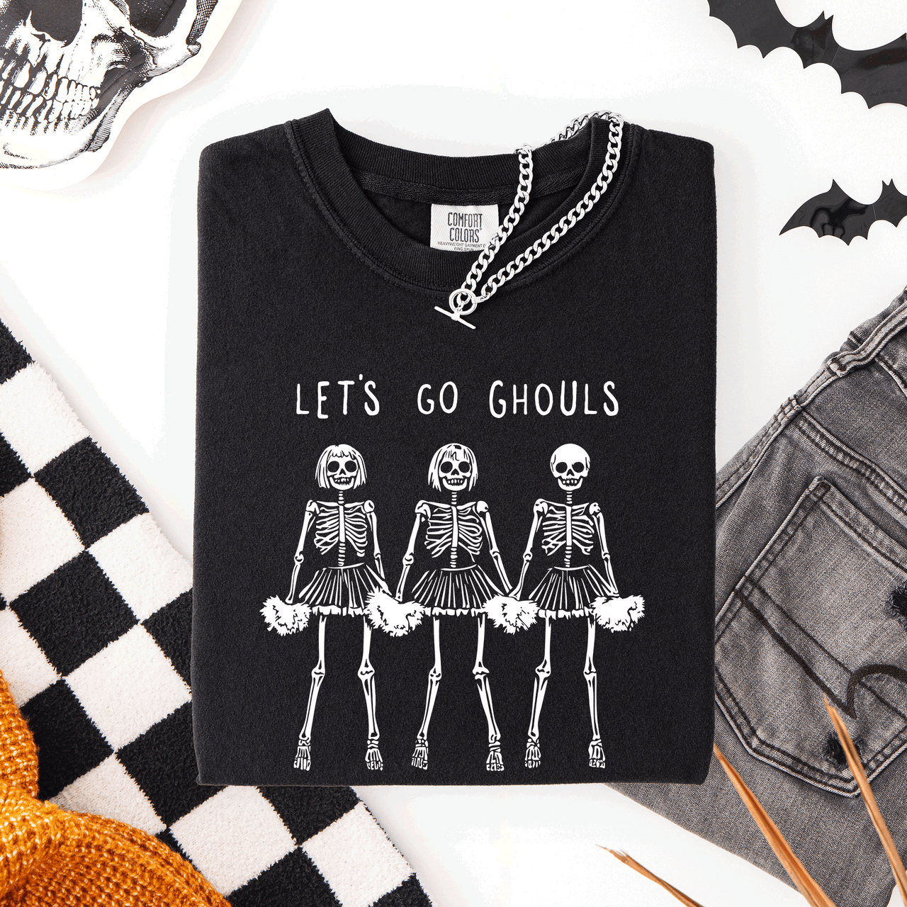 Let's Go Ghouls Skeleton Cheerleaders Spooky Halloween Edition Classic Comfort Colors Tee