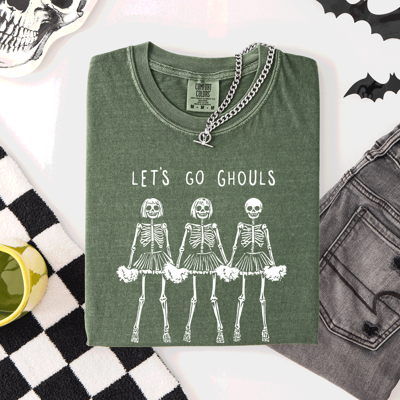 Let's Go Ghouls Skeleton Cheerleaders Spooky Halloween Edition Classic Comfort Colors Tee