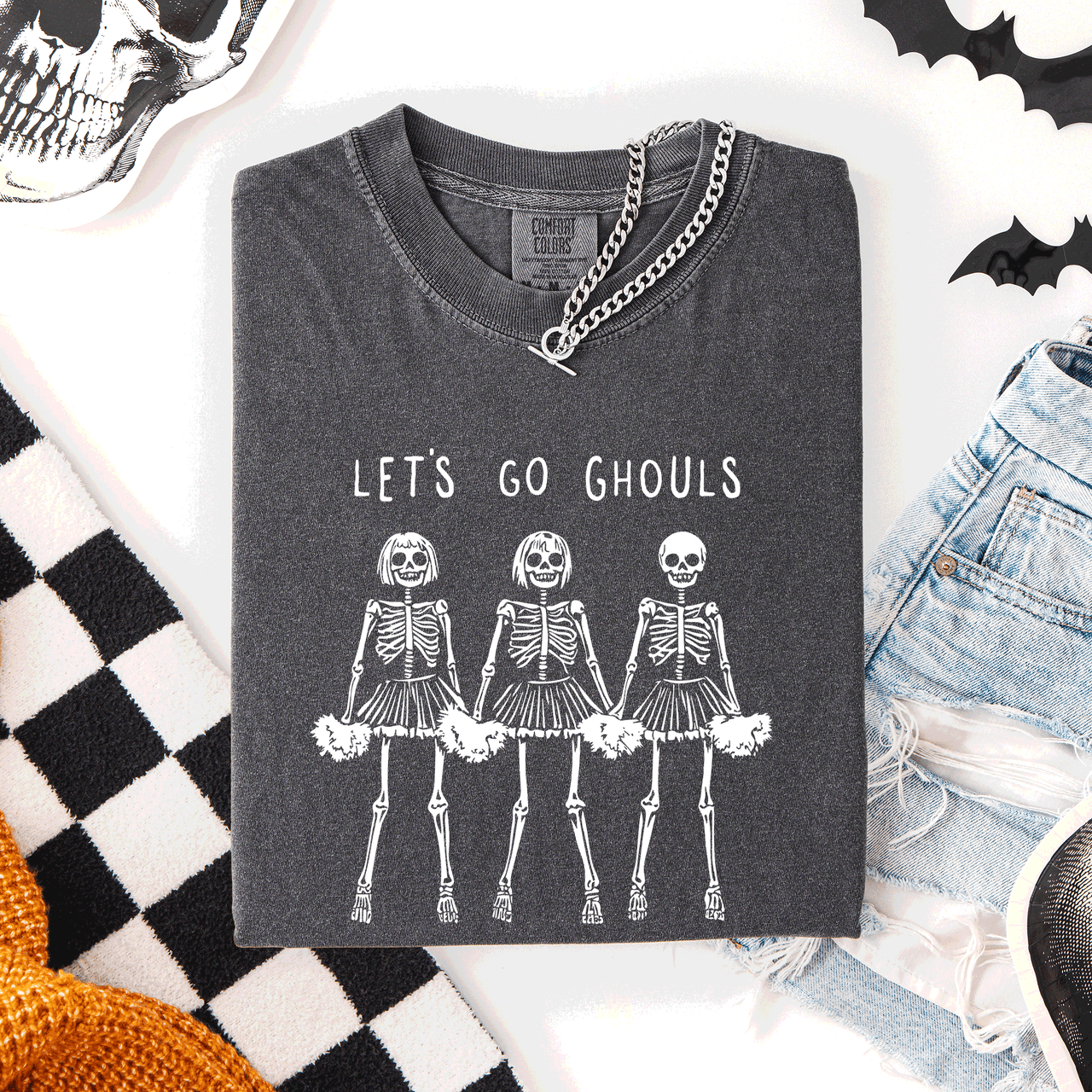 Let's Go Ghouls Skeleton Cheerleaders Spooky Halloween Edition Classic Comfort Colors Tee
