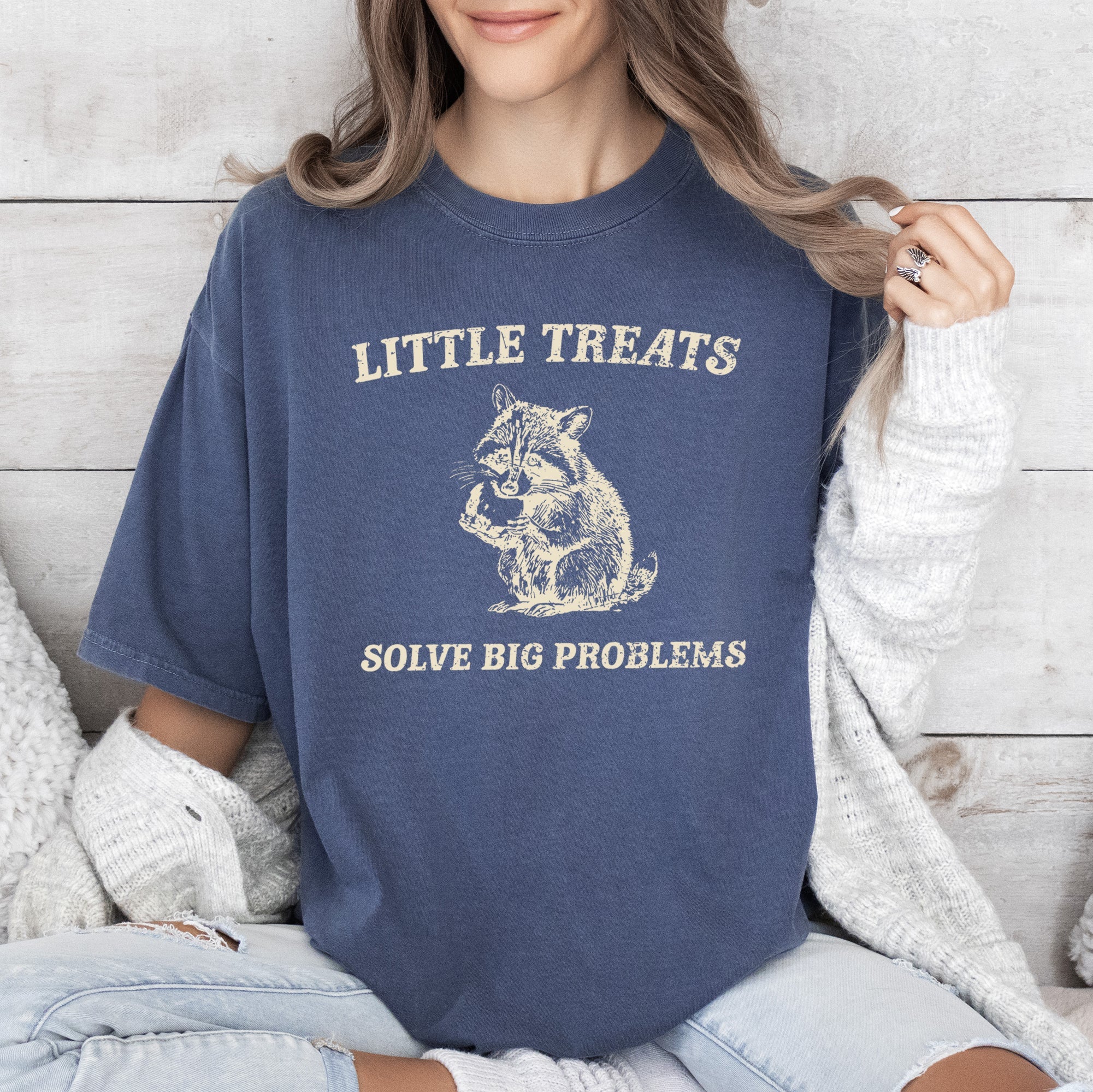Little Treats Solve Big Problems Raccoon Meme Graphic Playful Comfort Colors Tee