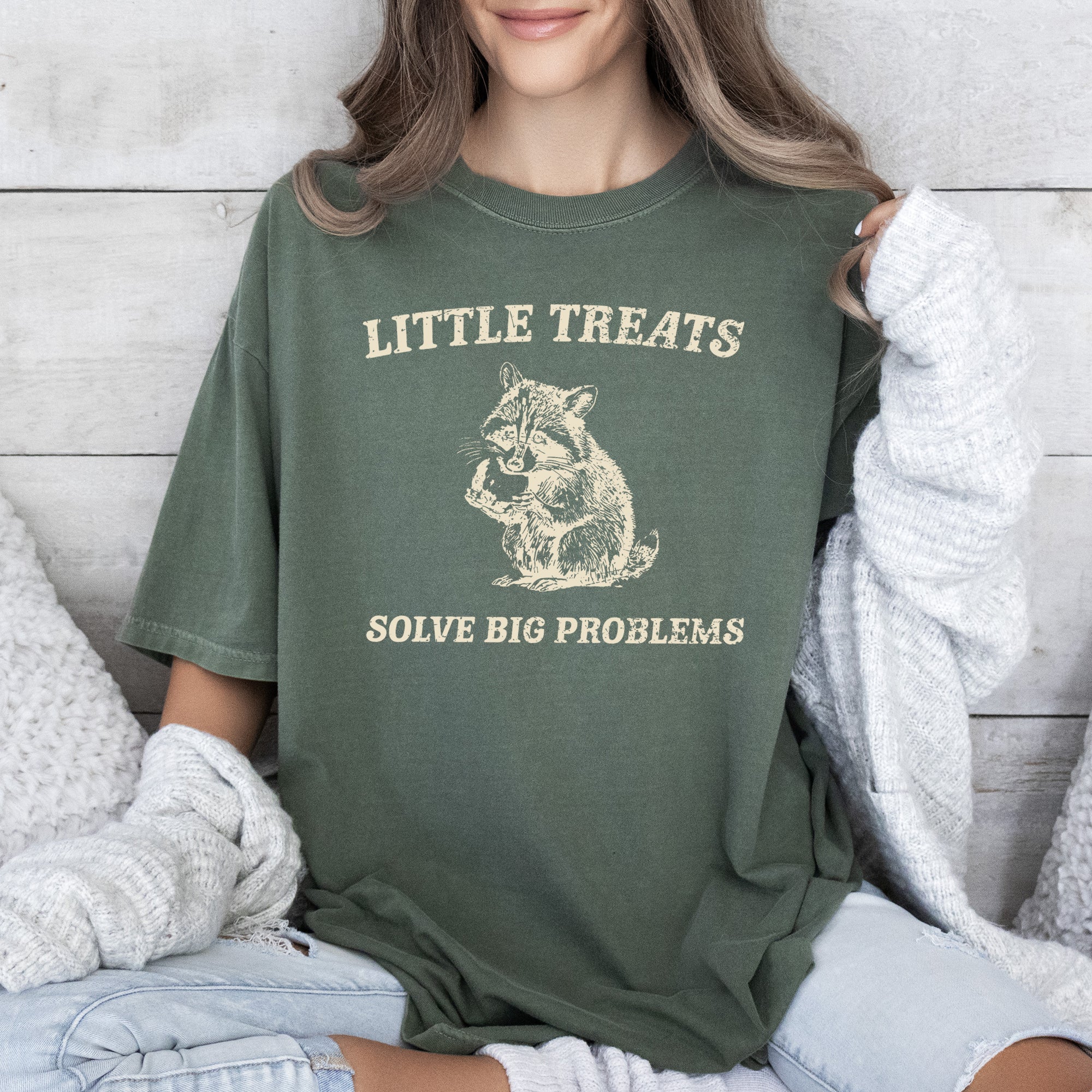 Little Treats Solve Big Problems Raccoon Meme Graphic Playful Comfort Colors Tee