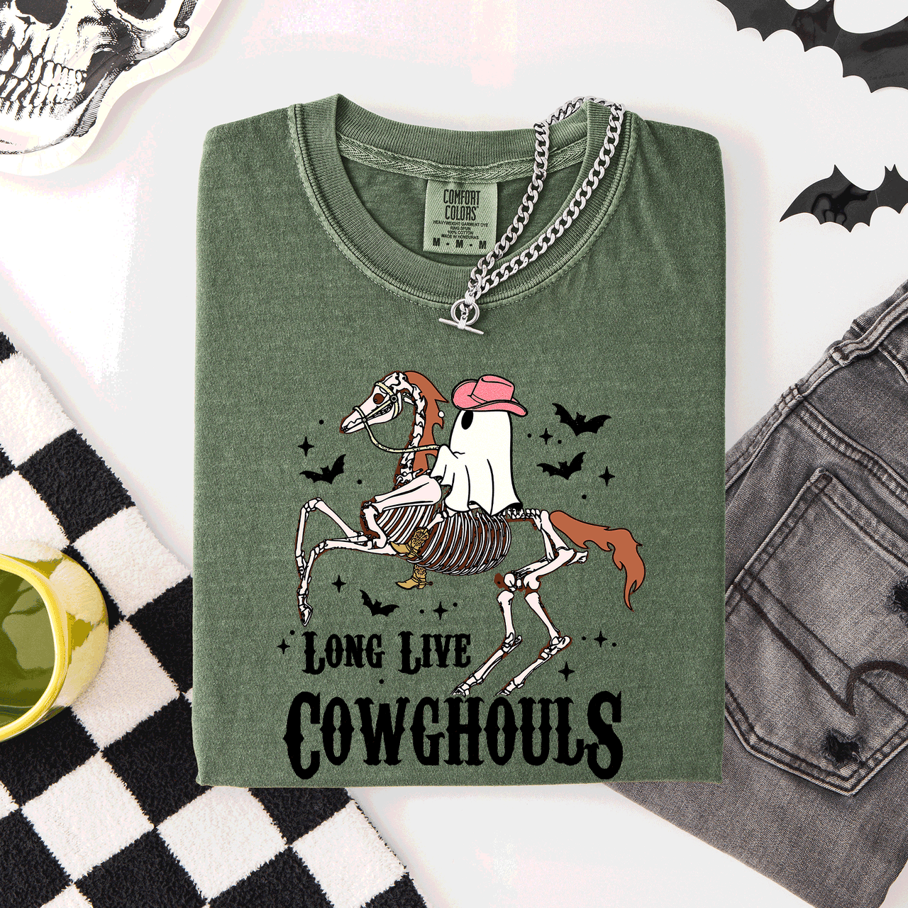 Long Live Cowghouls Skeleton Ghost Horse Halloween Spooky Night Gothic Vibes Comfort Colors Tee