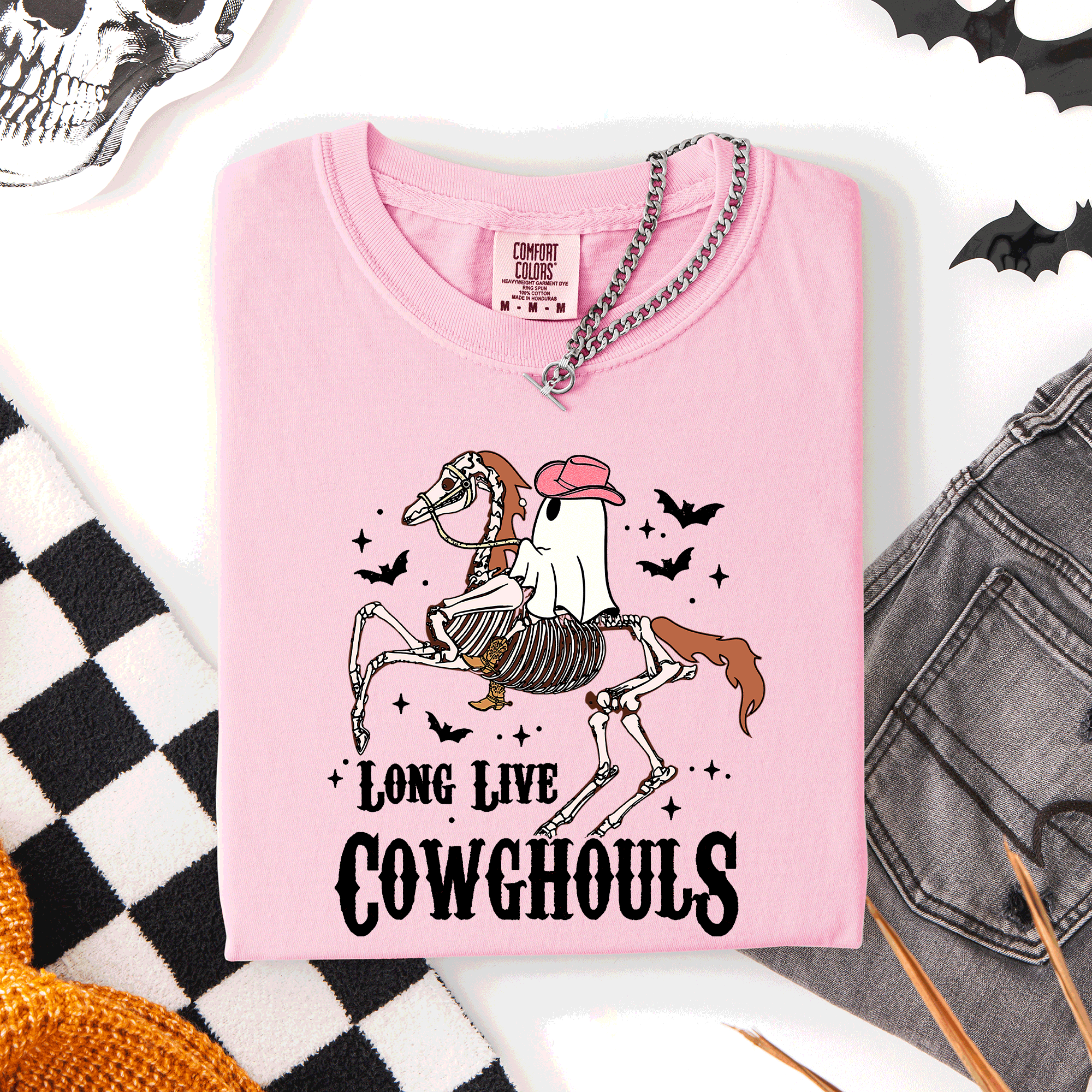 Long Live Cowghouls Skeleton Ghost Horse Halloween Spooky Night Gothic Vibes Comfort Colors Tee