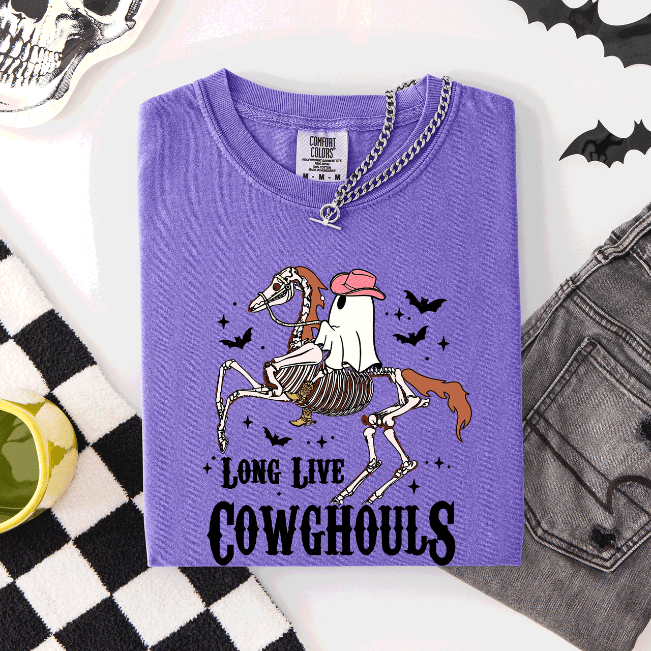 Long Live Cowghouls Skeleton Ghost Horse Halloween Spooky Night Gothic Vibes Comfort Colors Tee